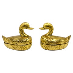 Vintage Pair Chinesisch Vergoldet Gold Hand gemalt Mandarin Enten abgedeckt Box Mitte 20c