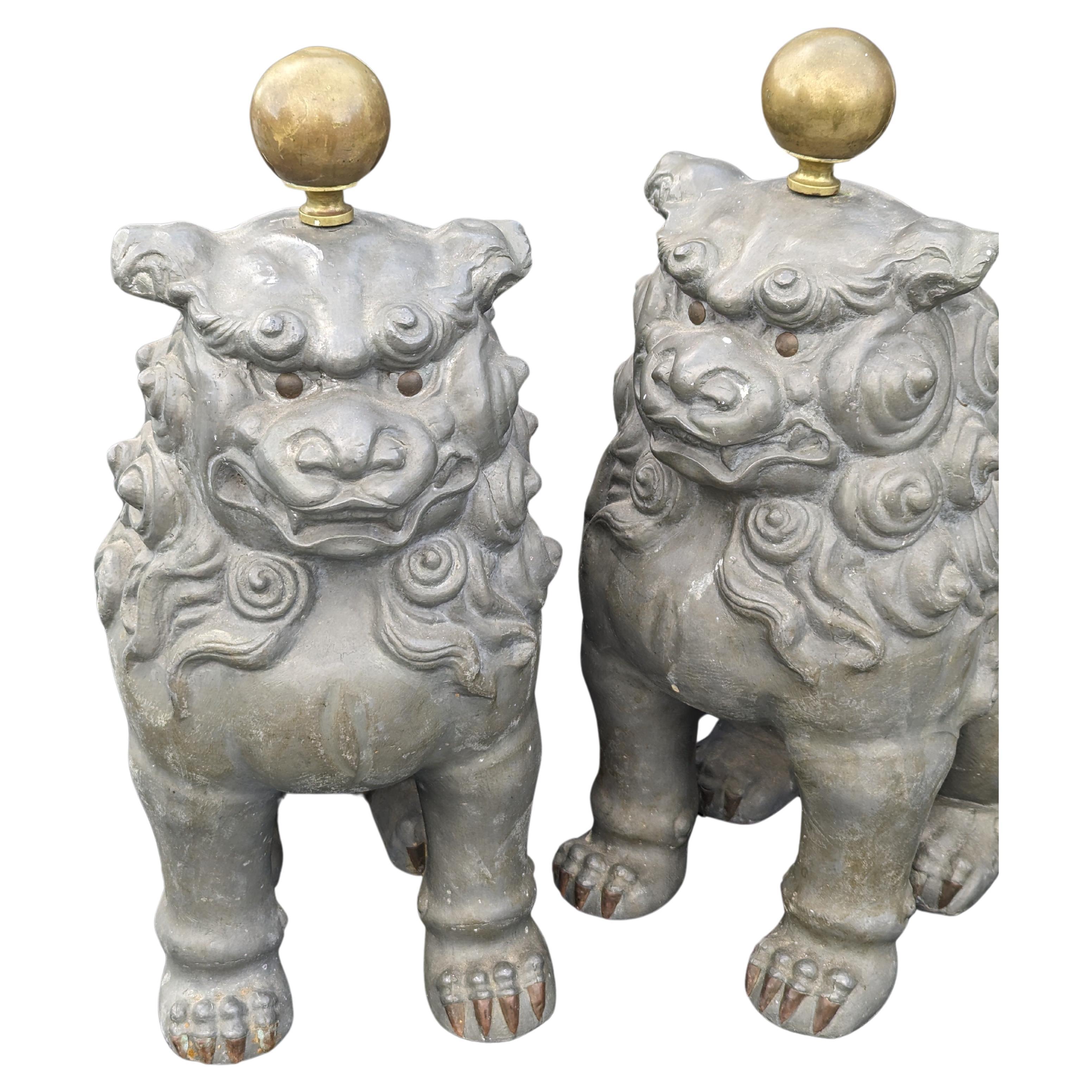 Cast Vintage Pair Chinese Pewter Guardian Foo Lions Hong Kong NG AN Signed Mid 20c For Sale
