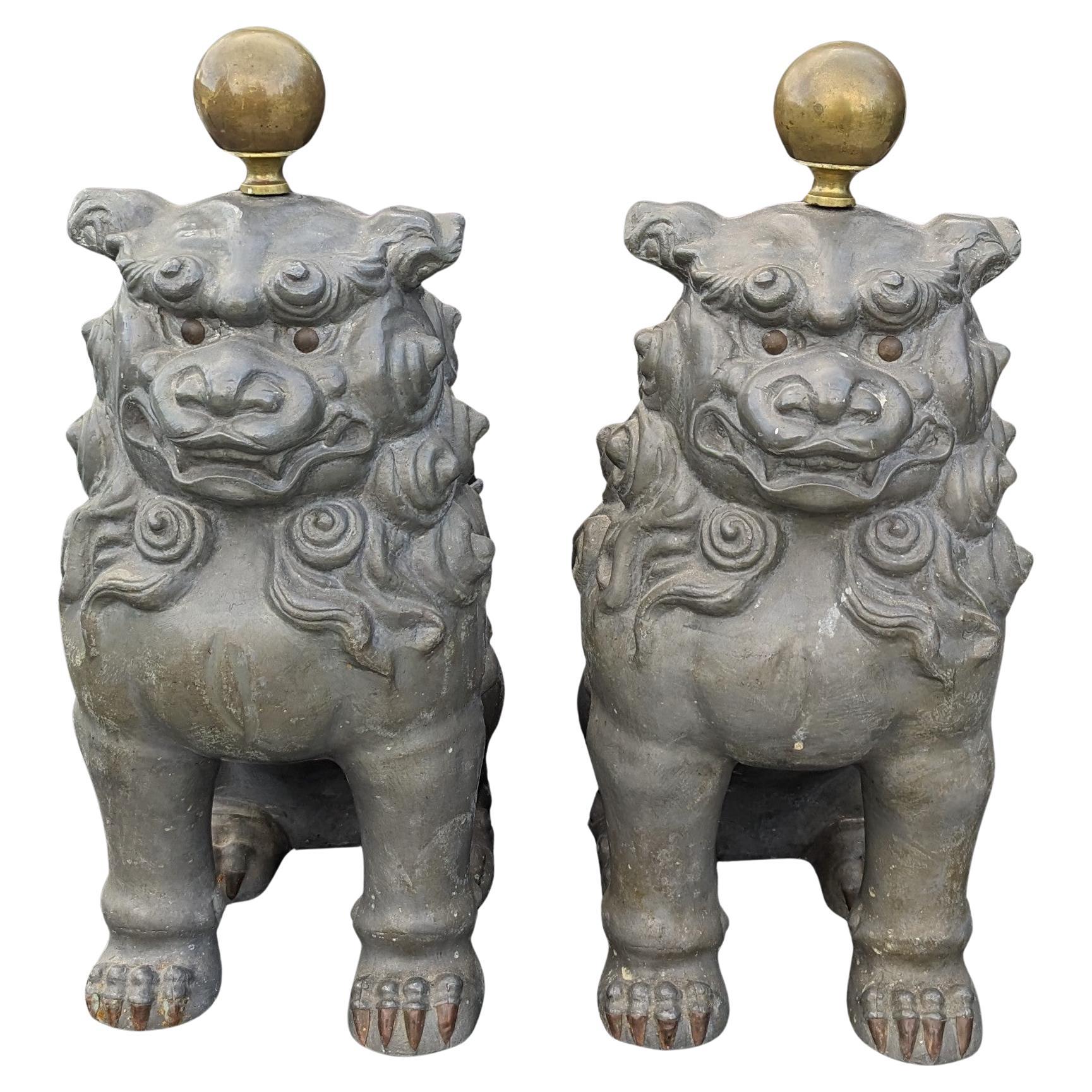 Vintage Pair Chinese Pewter Guardian Foo Lions Hong Kong NG AN Signed Mid 20c In Good Condition For Sale In Richmond, CA