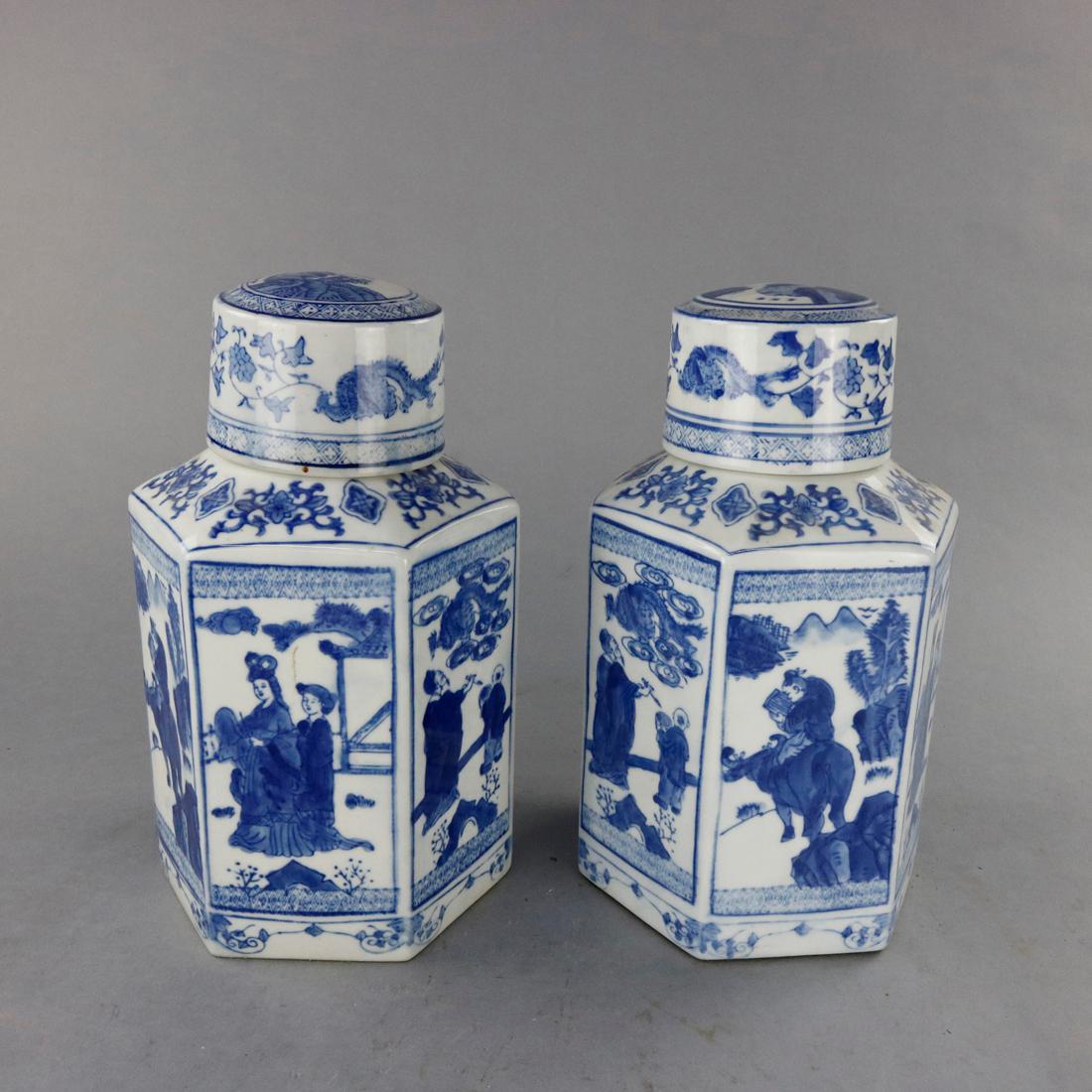Fired Vintage Pair Chinese Porcelain Canton School Blue & White Ginger Jars, 20th C