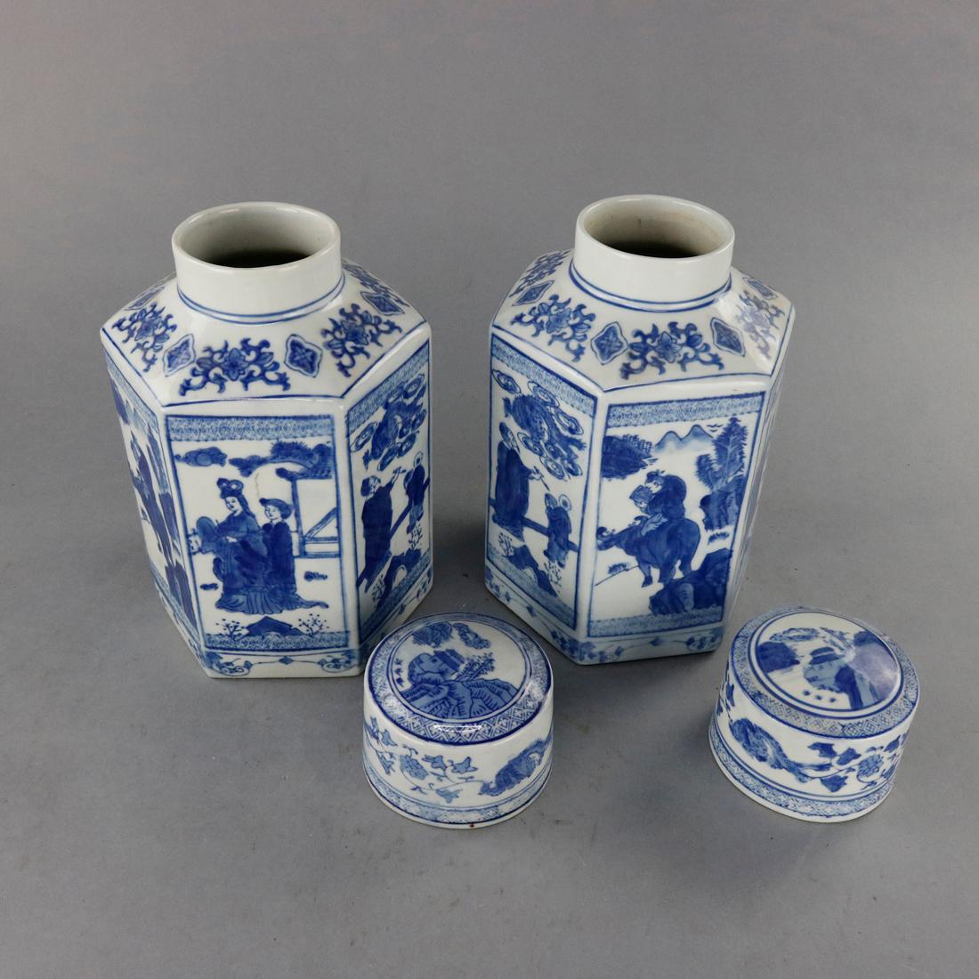 Vintage Pair Chinese Porcelain Canton School Blue & White Ginger Jars, 20th C In Good Condition In Big Flats, NY
