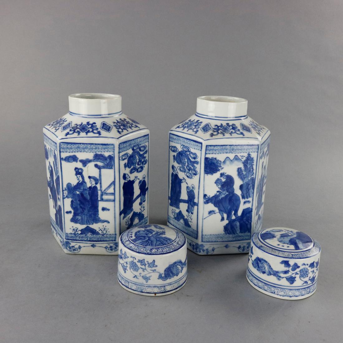 20th Century Vintage Pair Chinese Porcelain Canton School Blue & White Ginger Jars, 20th C