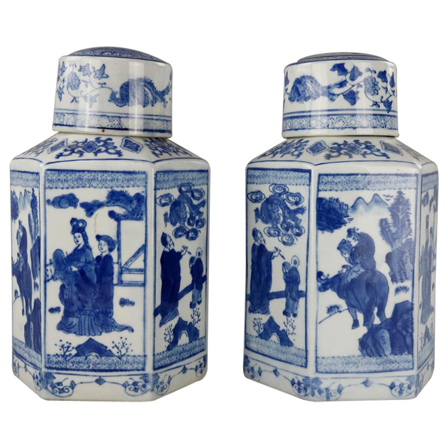 Vintage Pair Chinese Porcelain Canton School Blue & White Ginger Jars, 20th C