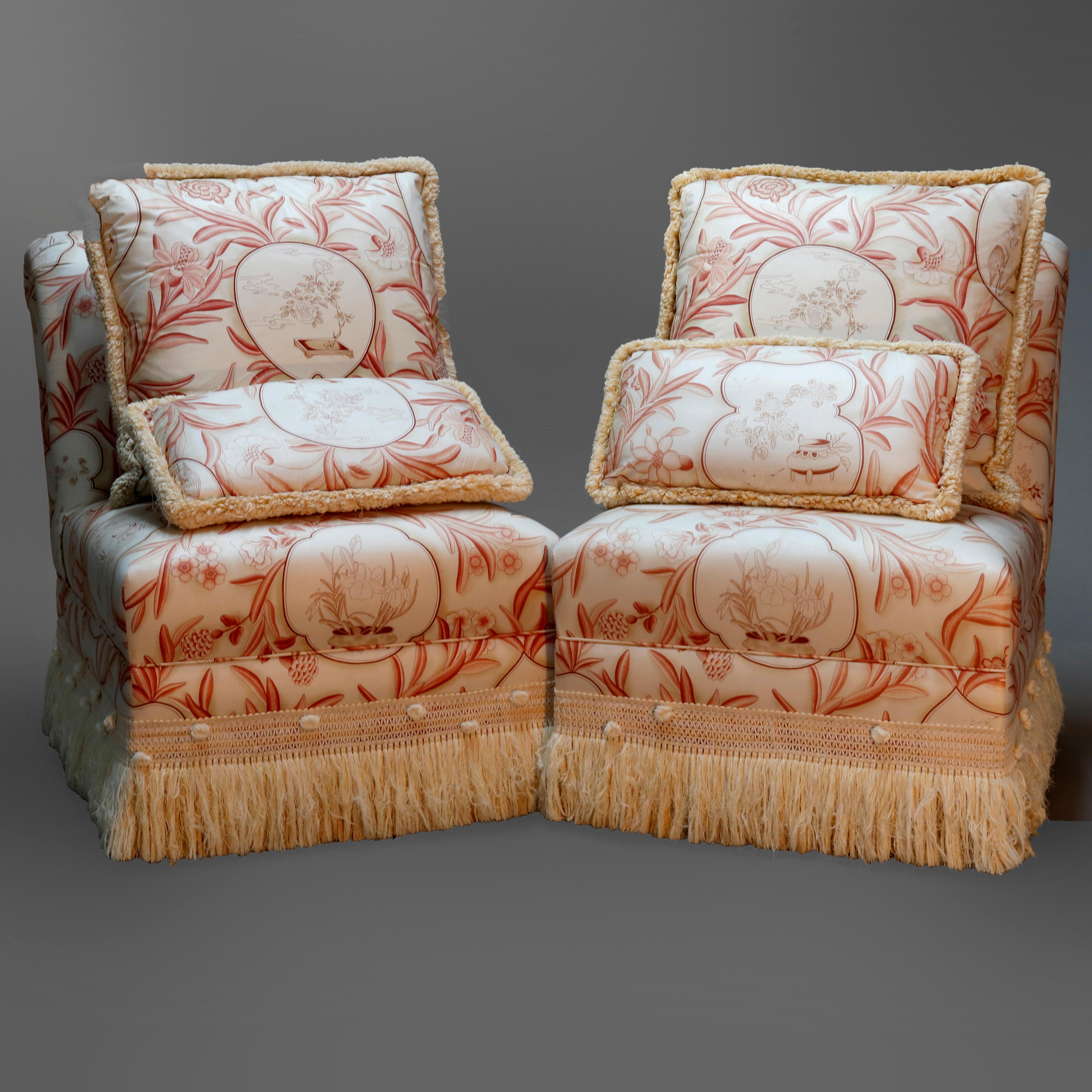 American Vintage Pair of Chinoiserie Upholstered Boudoir Slipper Chairs, 20th Century