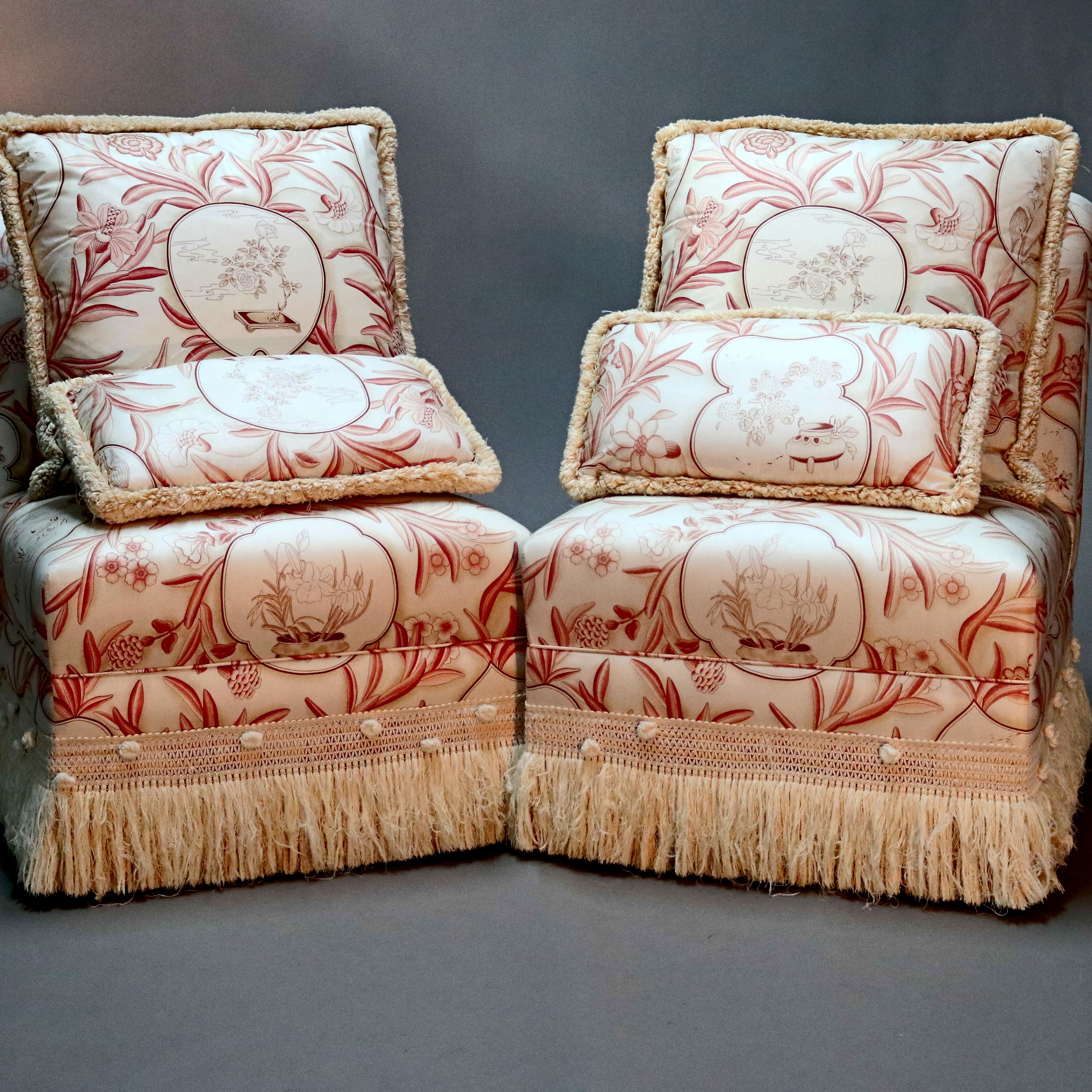 Carved Vintage Pair of Chinoiserie Upholstered Boudoir Slipper Chairs, 20th Century