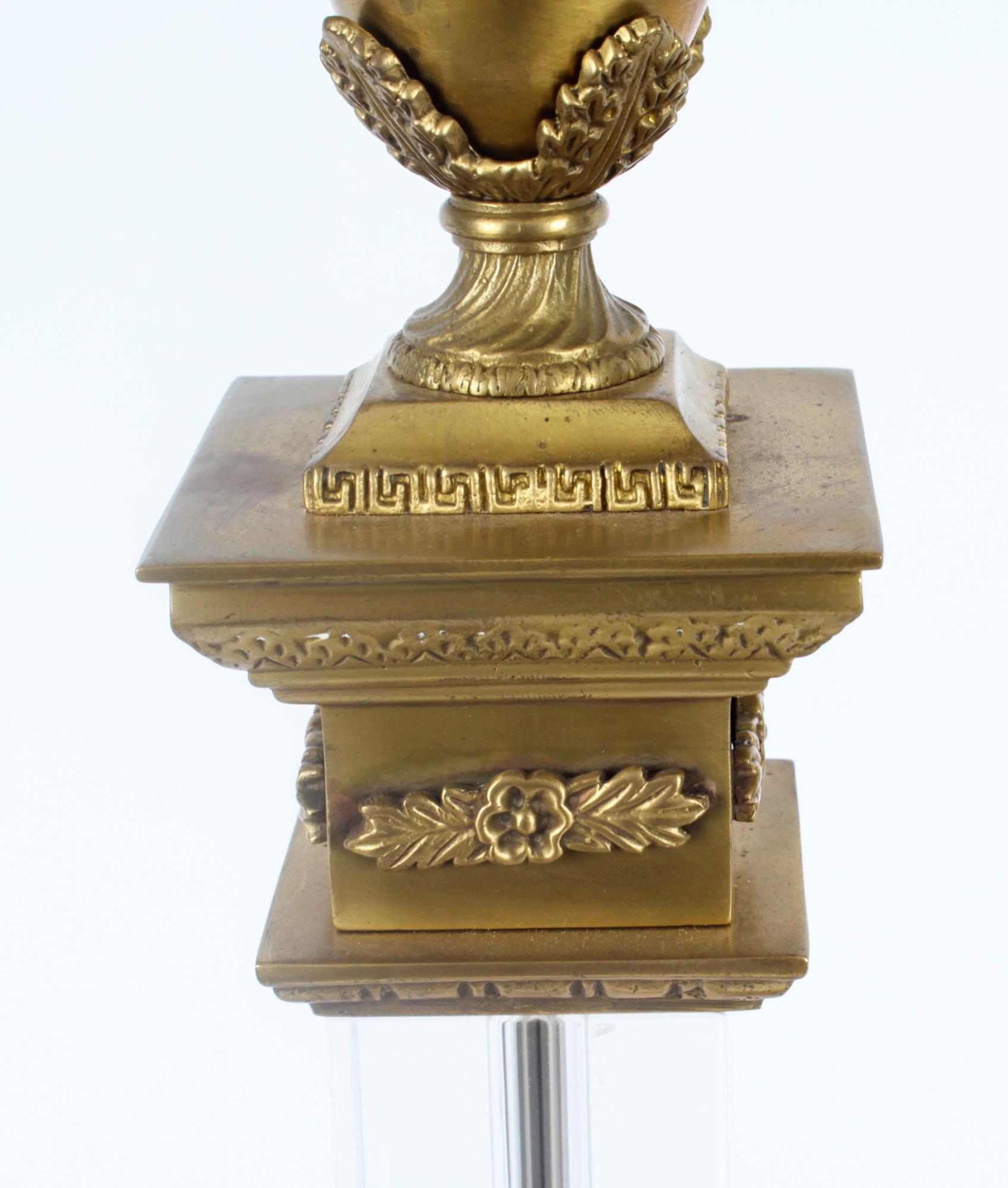 Vintage Pair Corinthian Column Ormolu & Glass Table Lamps Mid 20th Century For Sale 6