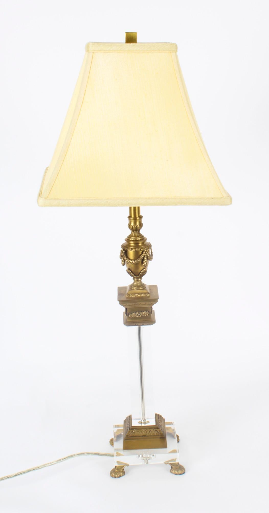 Vintage Pair Corinthian Column Ormolu & Glass Table Lamps Mid 20th Century For Sale 12
