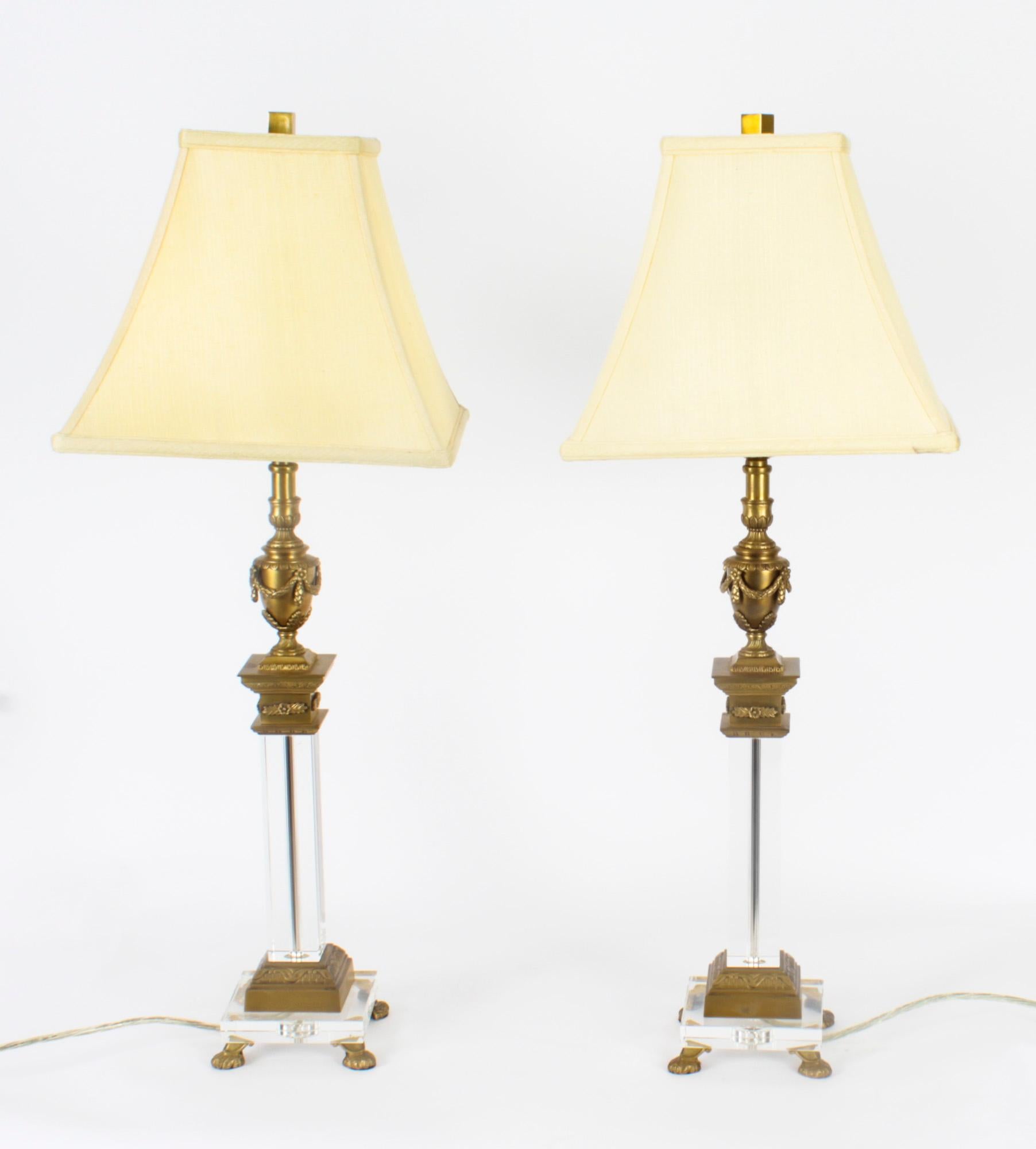 Vintage Pair Corinthian Column Ormolu & Glass Table Lamps Mid 20th Century For Sale 13