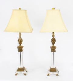 Vintage Pair Corinthian Column Ormolu & Glass Table Lamps Mid 20th Century