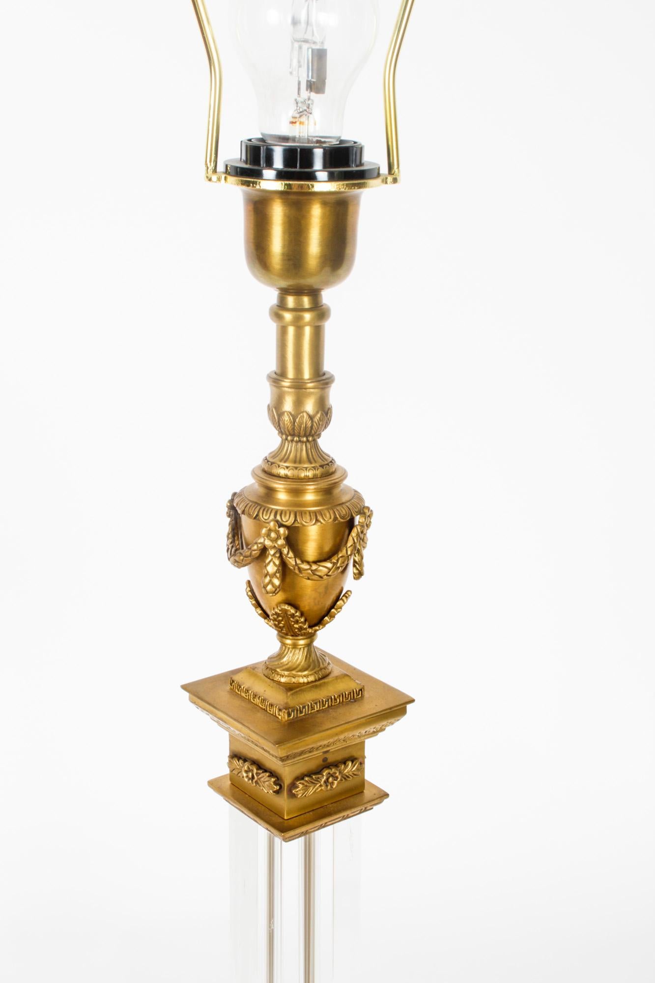 Vintage Pair Corinthian Column Ormolu & Glass Table Lamps Mid 20th Century For Sale 1