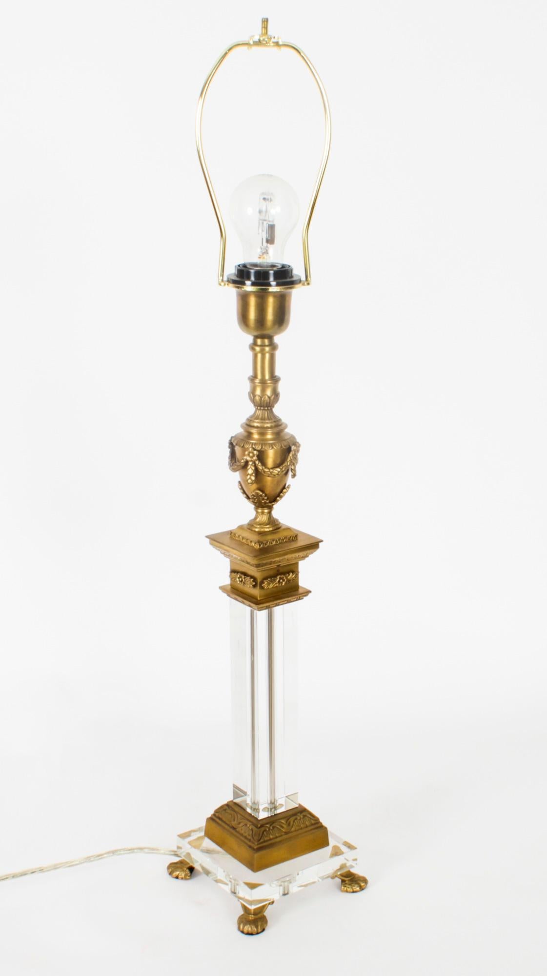 Vintage Pair Corinthian Column Ormolu & Glass Table Lamps Mid 20th Century For Sale 4