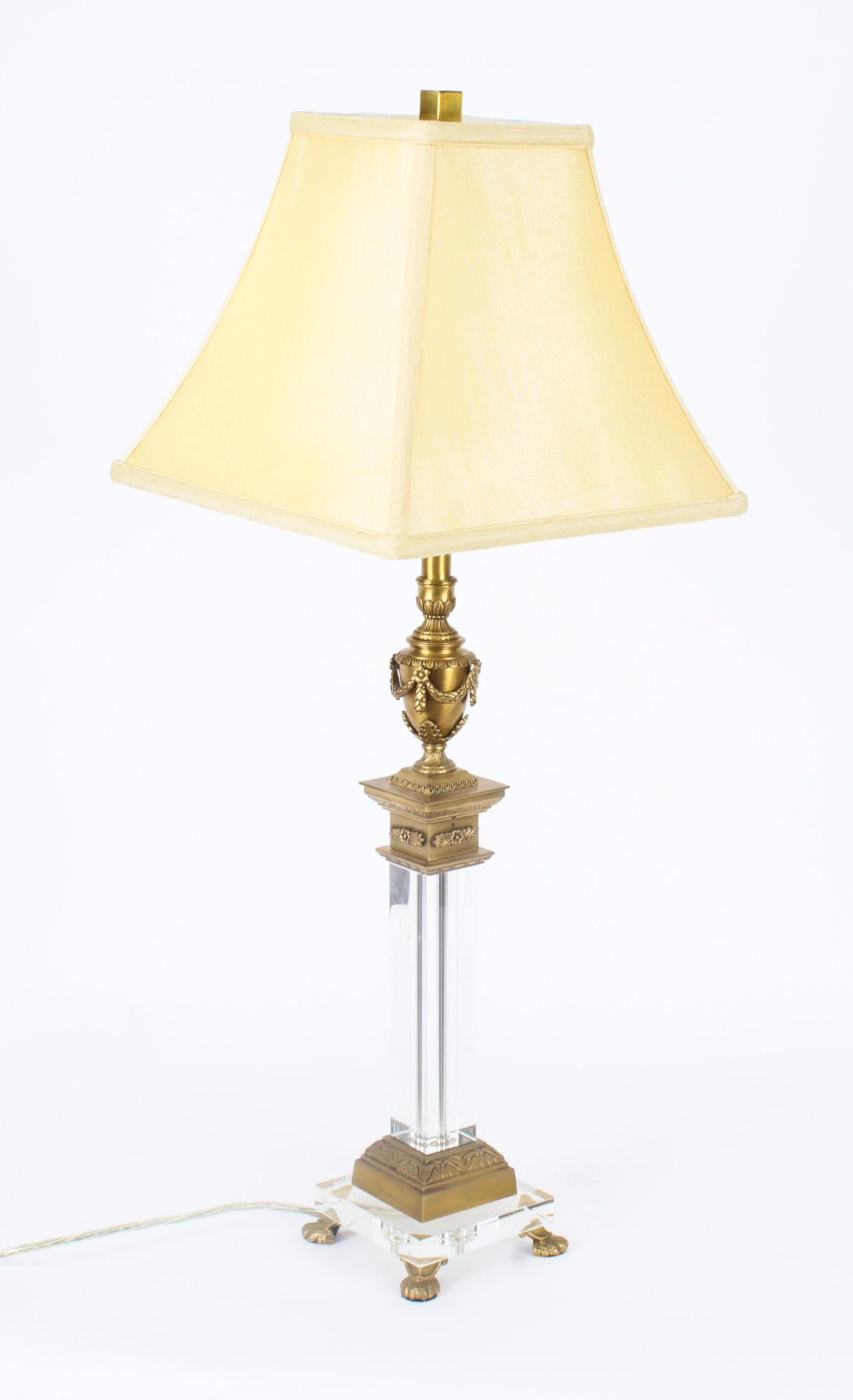 Vintage Pair Corinthian Column Ormolu & Glass Table Lamps Mid 20th Century For Sale 5