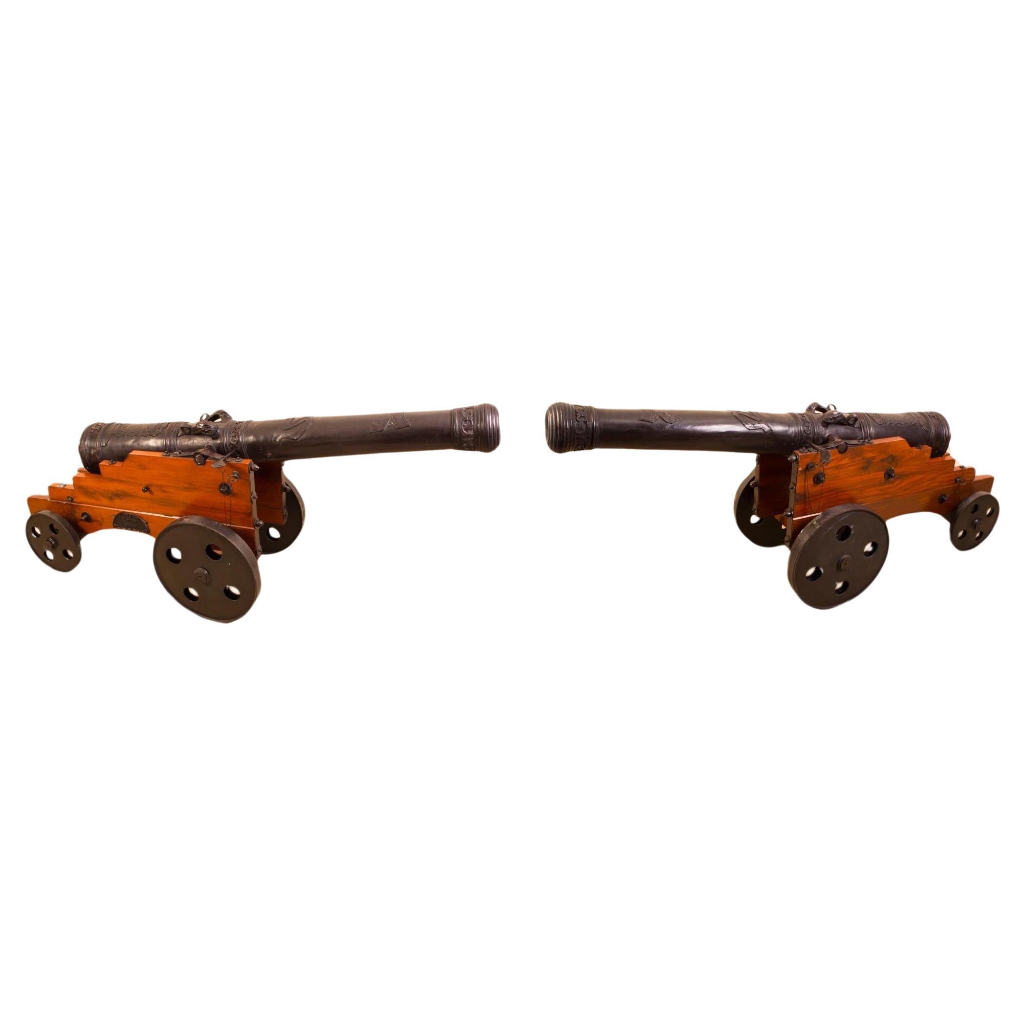 Vintage Pair Decorative 6ft Bronze Artillery Cannons 20th Century