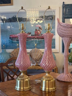 Vintage Pair Dino Martens Murano Pink Swirl Glass & Brass Table Lamps Restored