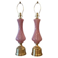 Vintage Pair Dino Martens Murano Pink Swirl Glass & Brass Table Lamps Restored