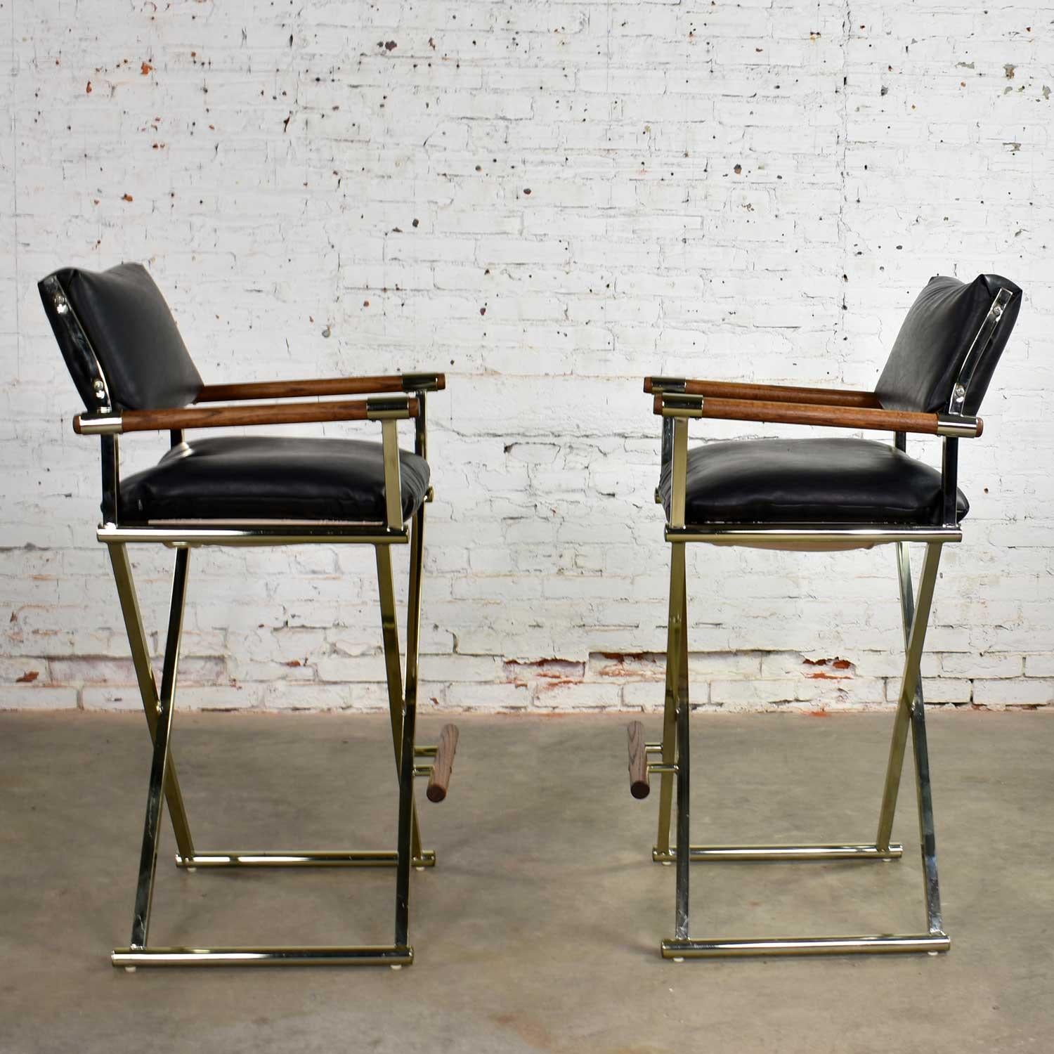 Faux Leather Vintage Pair of Directors Chair Style Bar Stools Brass Plate Oak and Black Vinyl