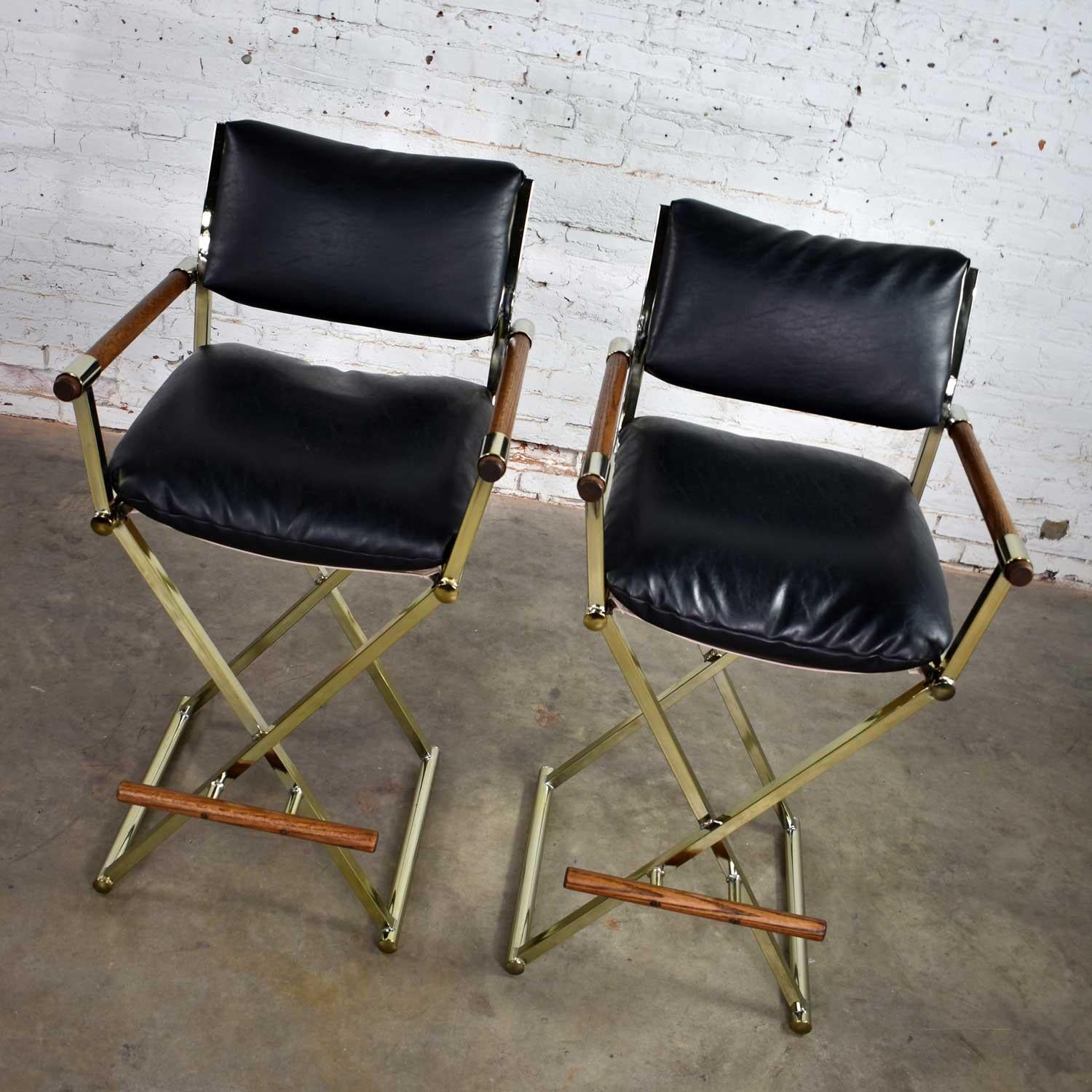 Vintage Pair of Directors Chair Style Bar Stools Brass Plate Oak and Black Vinyl 1