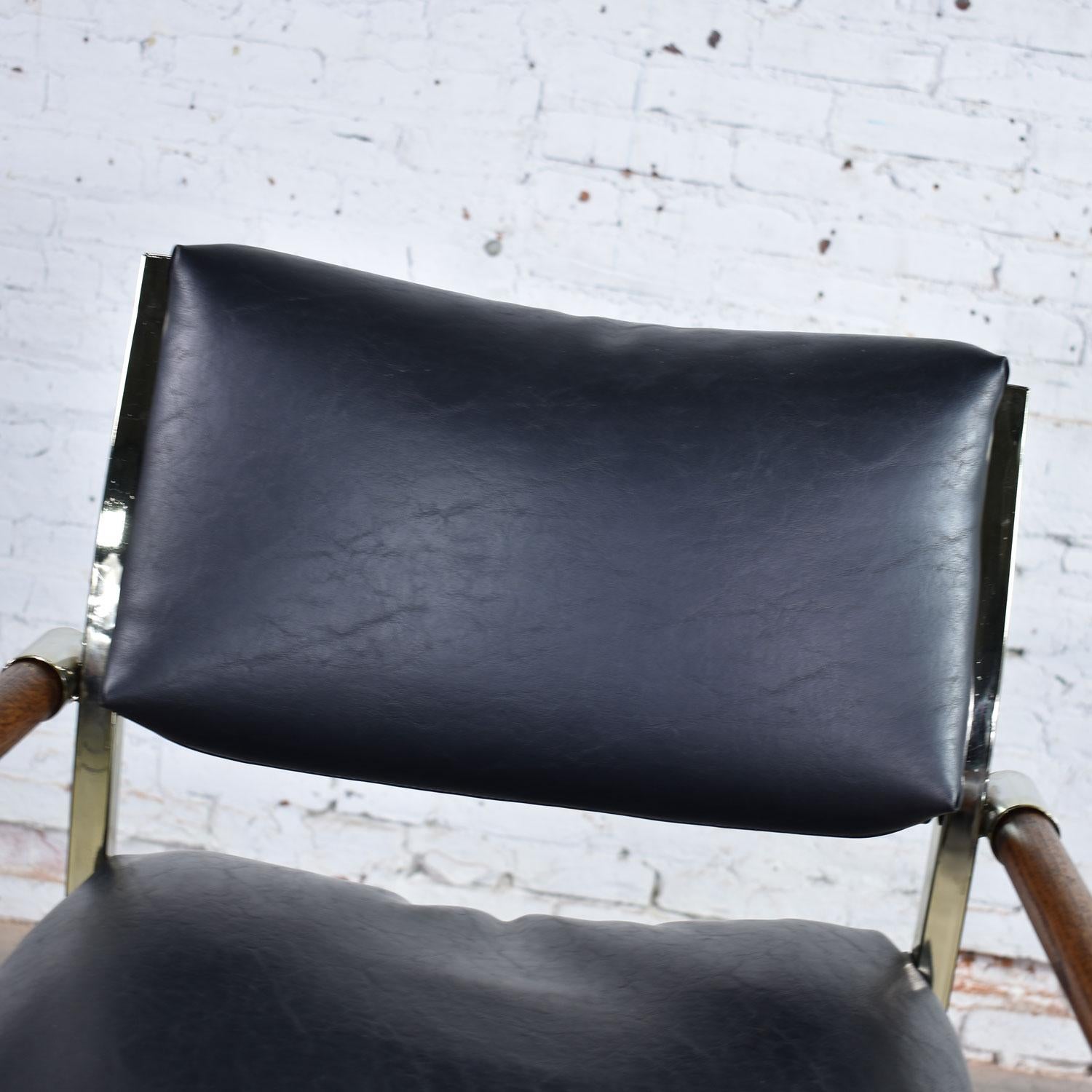 Vintage Pair of Directors Chair Style Bar Stools Brass Plate Oak and Black Vinyl 2