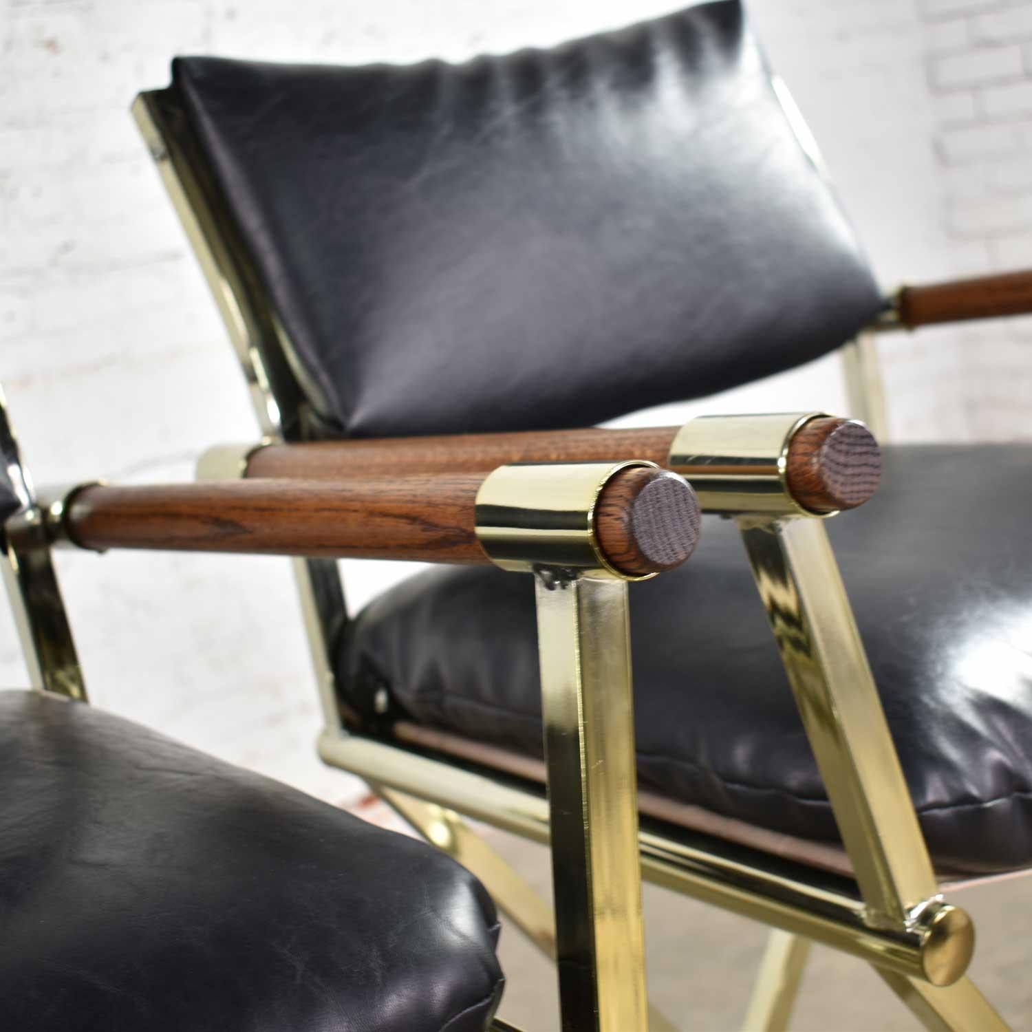 Vintage Pair of Directors Chair Style Bar Stools Brass Plate Oak and Black Vinyl 4