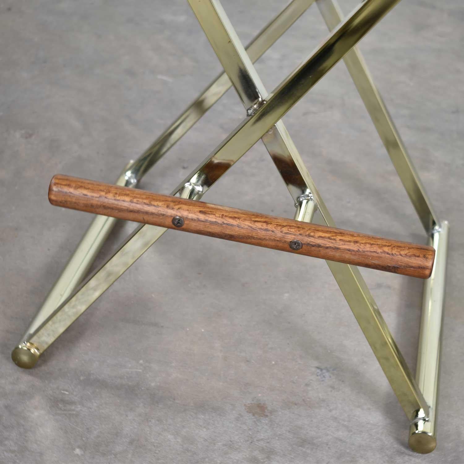 Vintage Pair of Directors Chair Style Bar Stools Brass Plate Oak and Black Vinyl 7