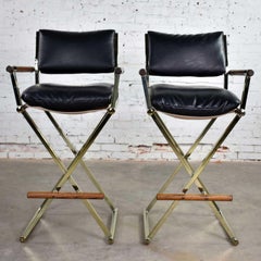 Vintage Pair of Directors Chair Style Bar Stools Brass Plate Oak and Black Vinyl