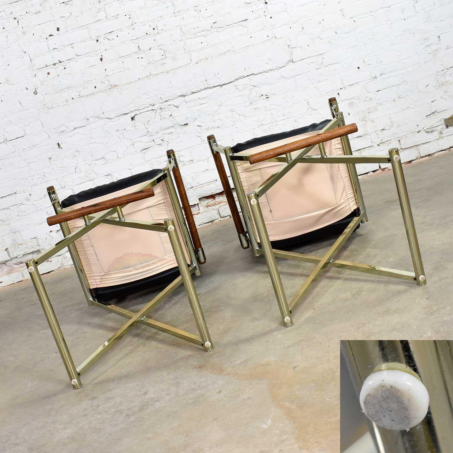 Vintage Pair of Directors Chair Style Bar Stools Brass Plate Oak and Black Vinyl 10