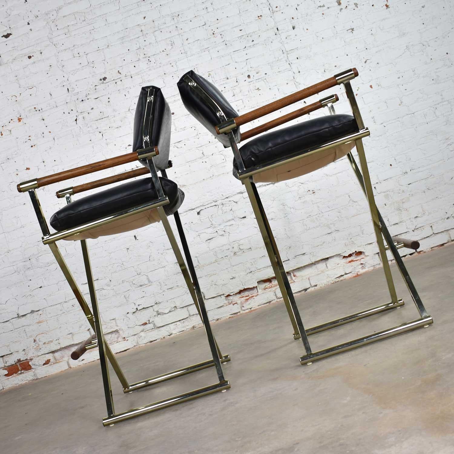 Campaign Vintage Pair of Directors Chair Style Bar Stools Brass Plate Oak and Black Vinyl