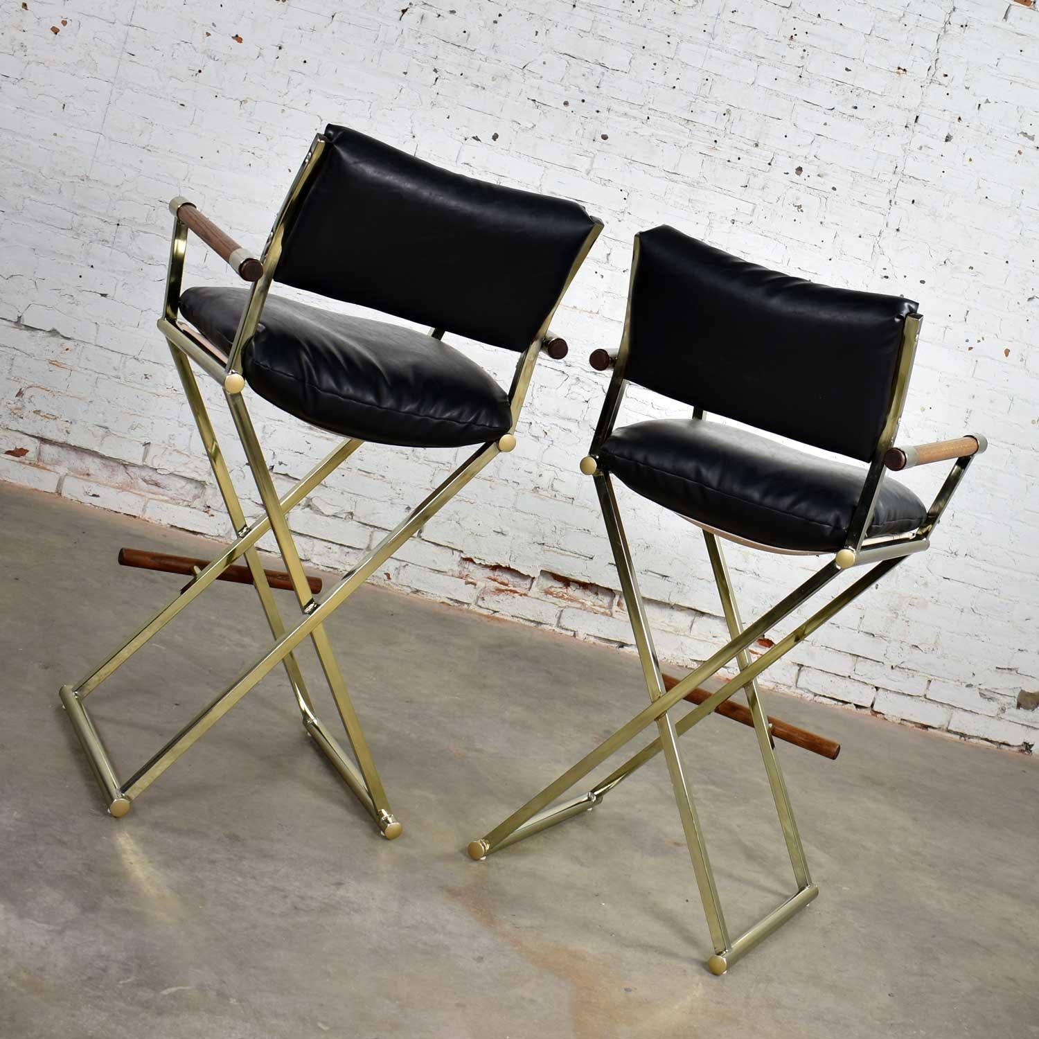 Plated Vintage Pair of Directors Chair Style Bar Stools Brass Plate Oak and Black Vinyl