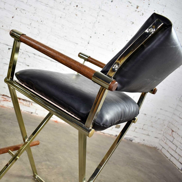 Vintage Pair of Directors Chair Style Bar Stools Brass Plate Oak and