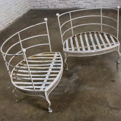 Vintage Pair Distressed White Wrought Iron Tub Chairs Attributed to Woodard