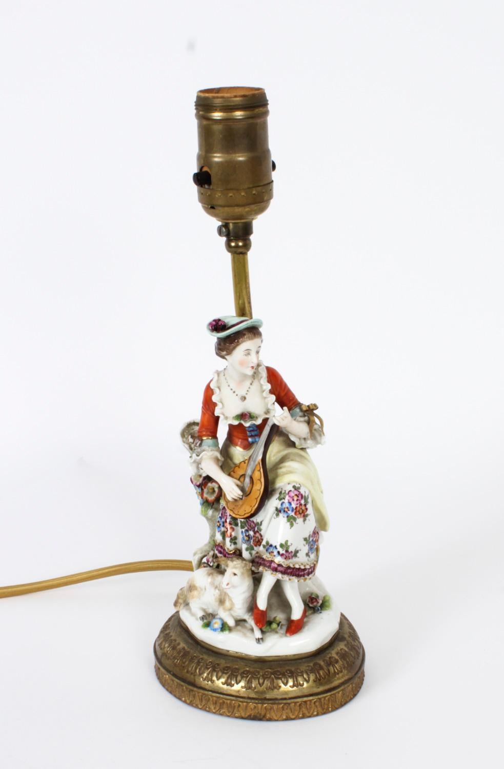 Vintage Pair Dresden Figural Porcelain Lamps Mid 20th Century 9