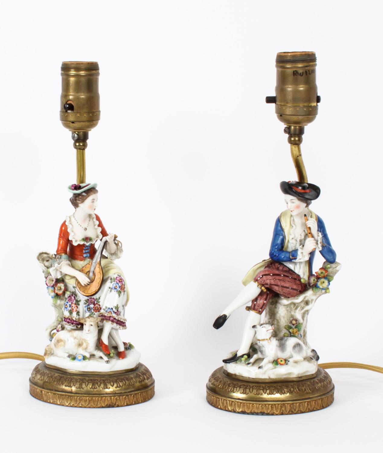 Vintage Pair Dresden Figural Porcelain Lamps Mid 20th Century 15