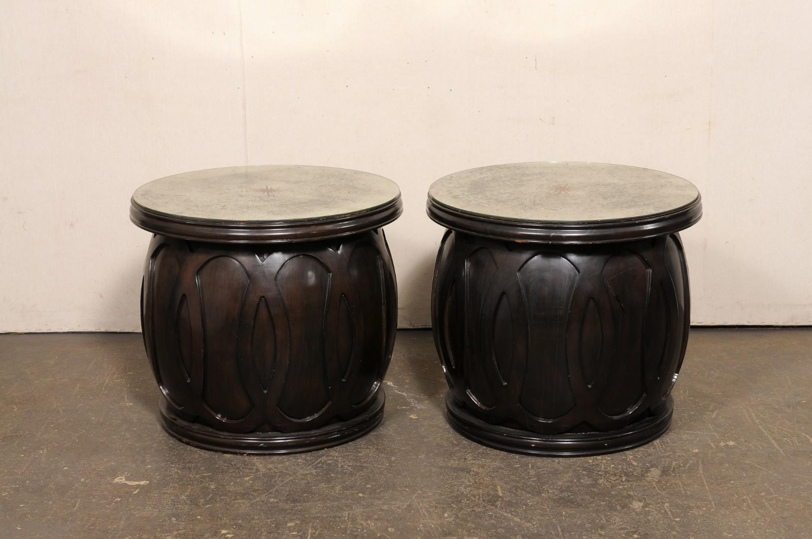 Vintage Pair Drum Tables w/Newer Artisan Sun-Burst Mirror Tops For Sale 6