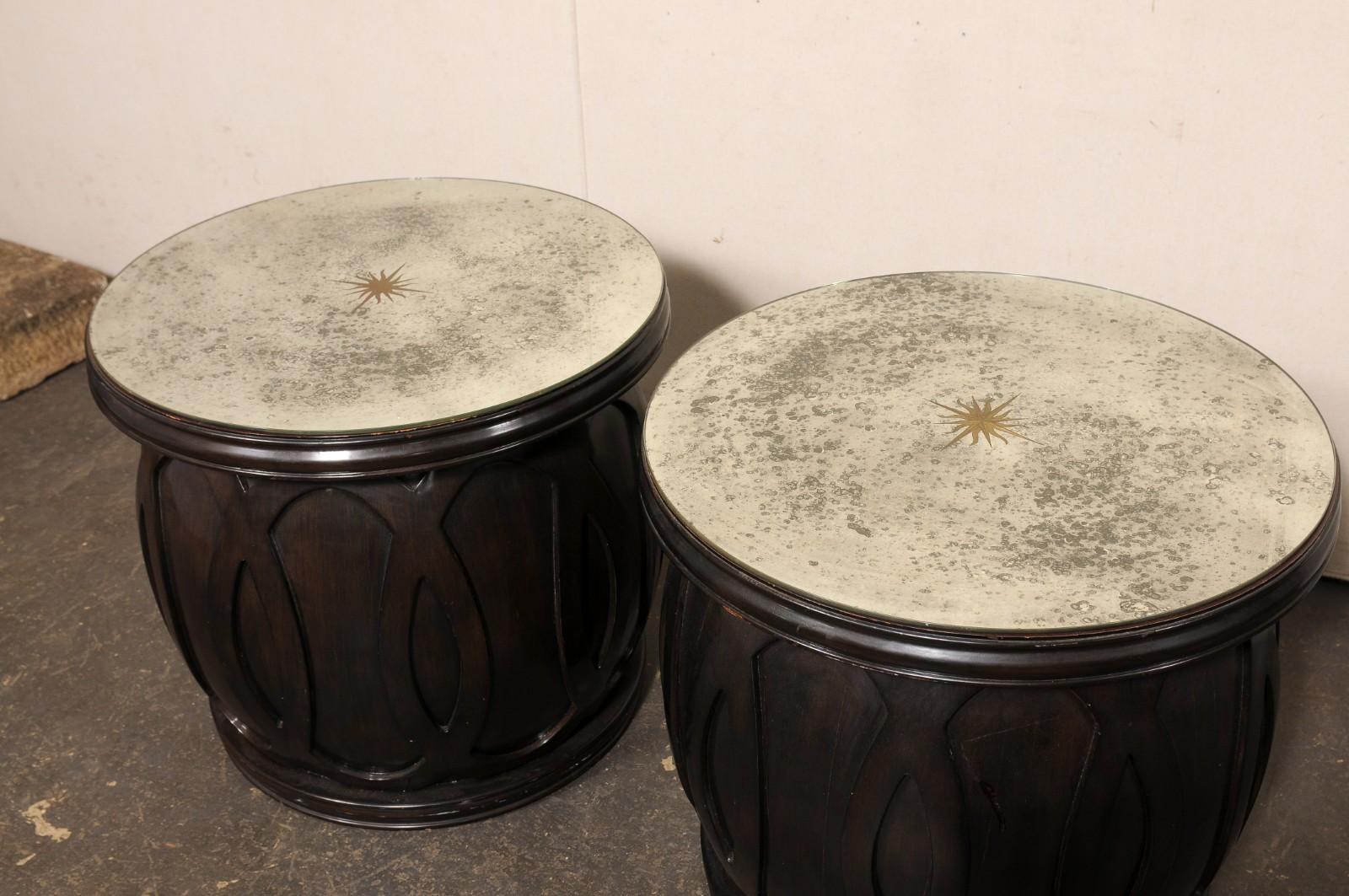 Vintage Pair Drum Tables w/Newer Artisan Sun-Burst Mirror Tops For Sale 7
