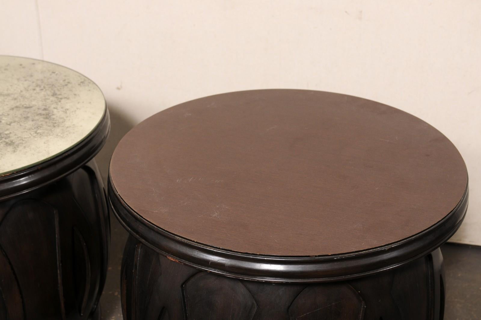 Vintage Pair Drum Tables w/Newer Artisan Sun-Burst Mirror Tops For Sale 8