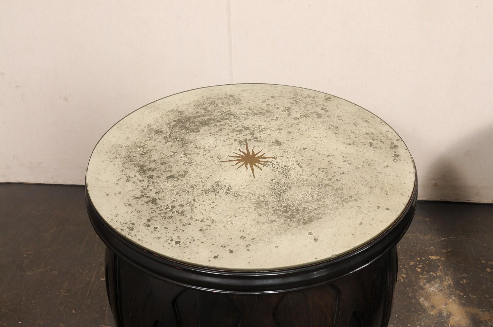 Vintage Pair Drum Tables w/Newer Artisan Sun-Burst Mirror Tops In Good Condition For Sale In Atlanta, GA