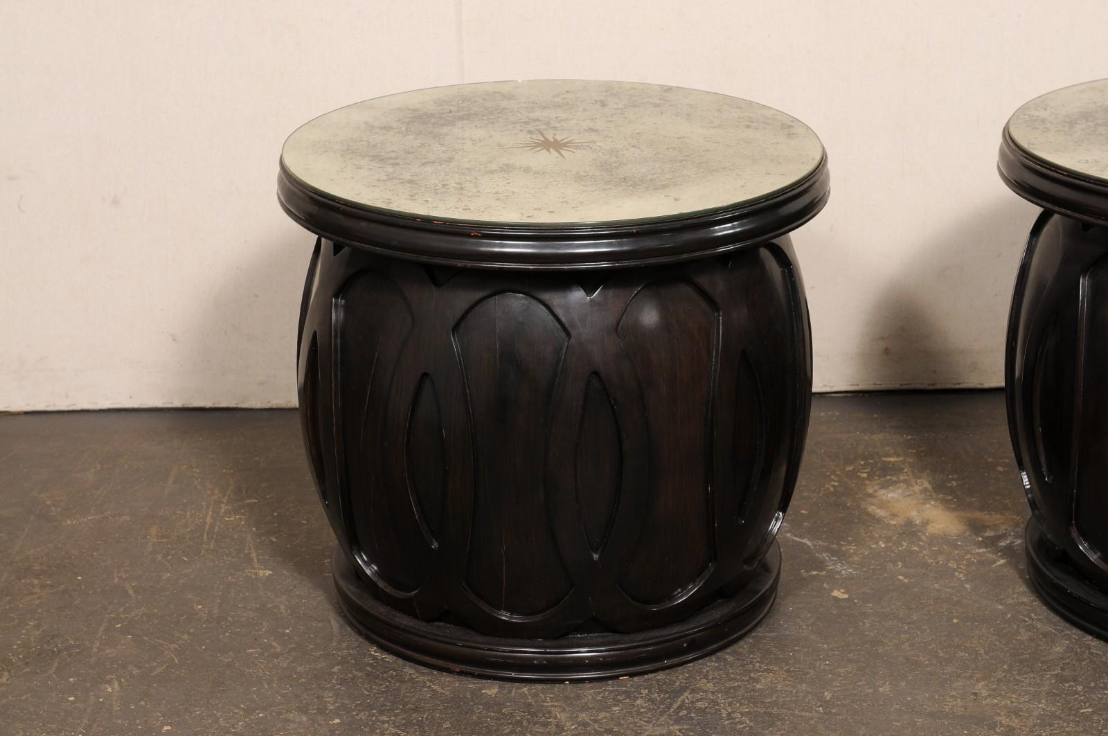Vintage Pair Drum Tables w/Newer Artisan Sun-Burst Mirror Tops For Sale 1