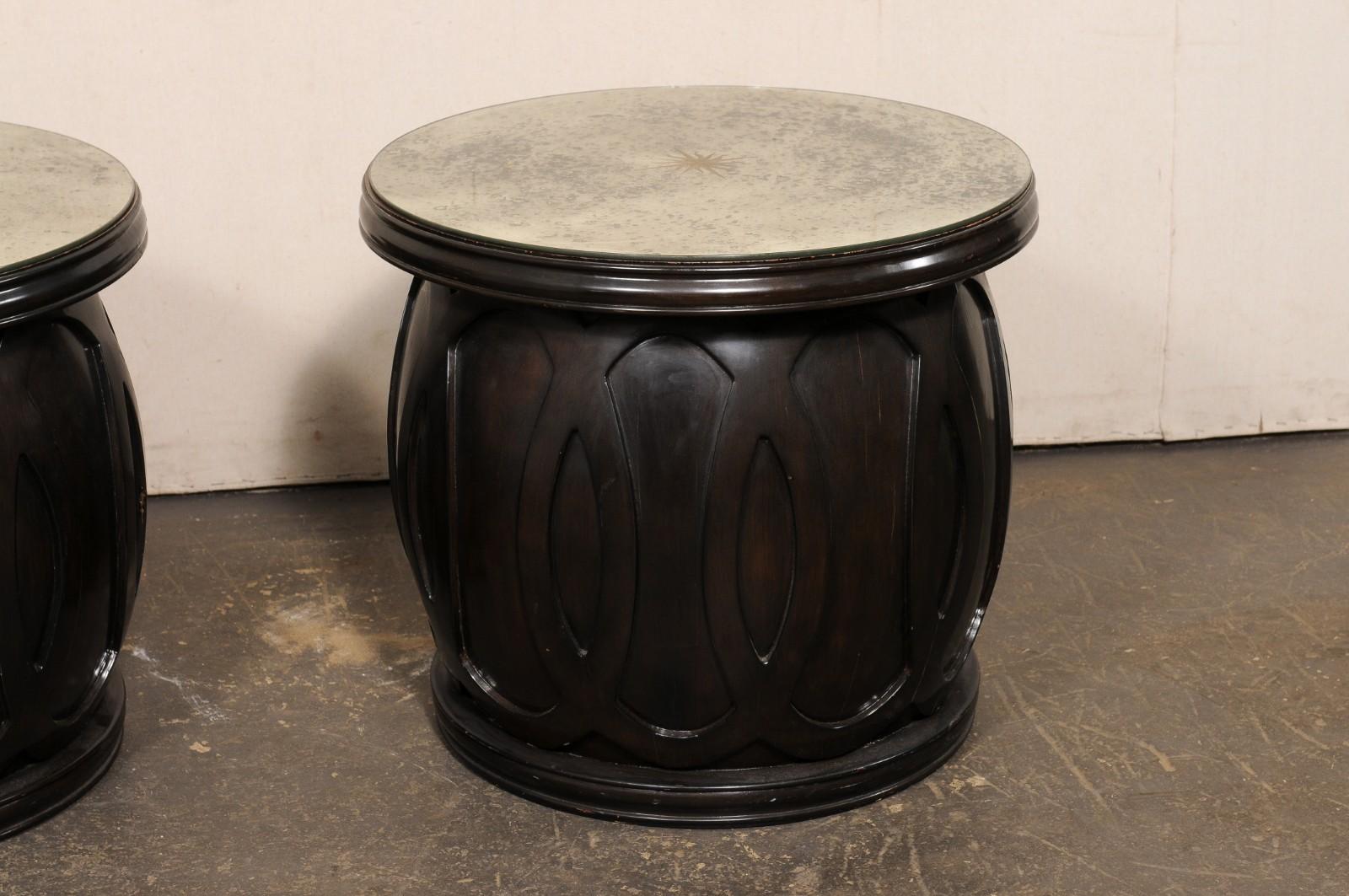 Vintage Pair Drum Tables w/Newer Artisan Sun-Burst Mirror Tops For Sale 2
