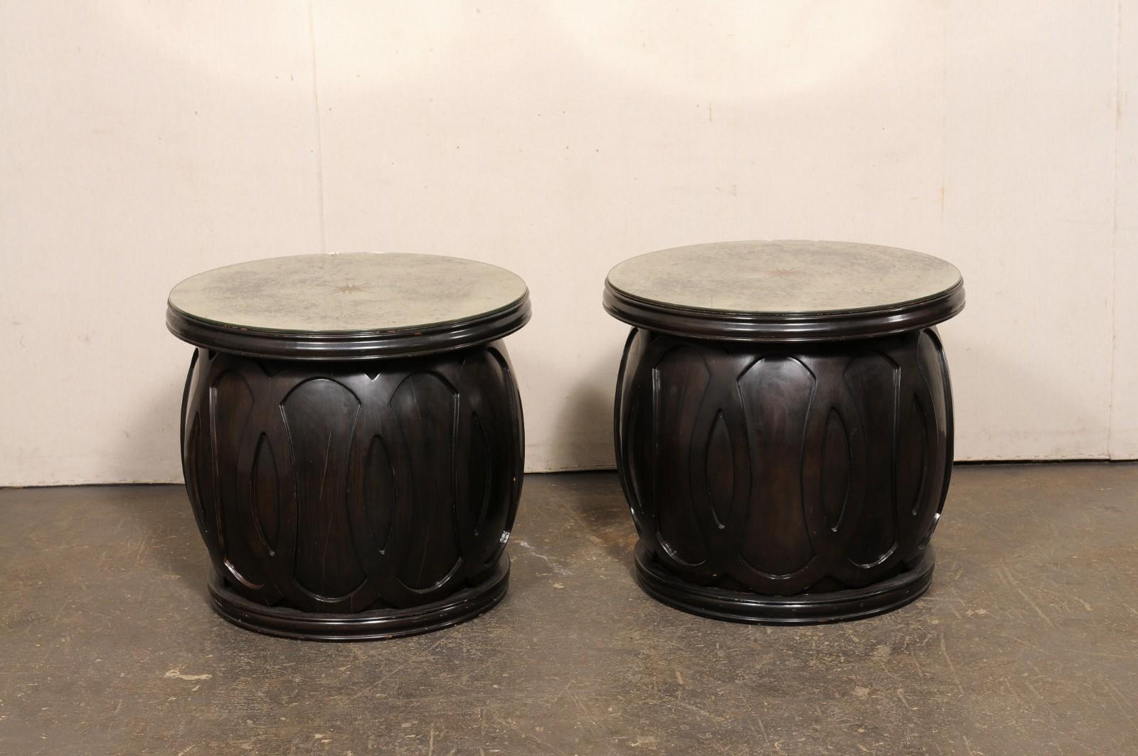 Vintage Pair Drum Tables w/Newer Artisan Sun-Burst Mirror Tops For Sale 3