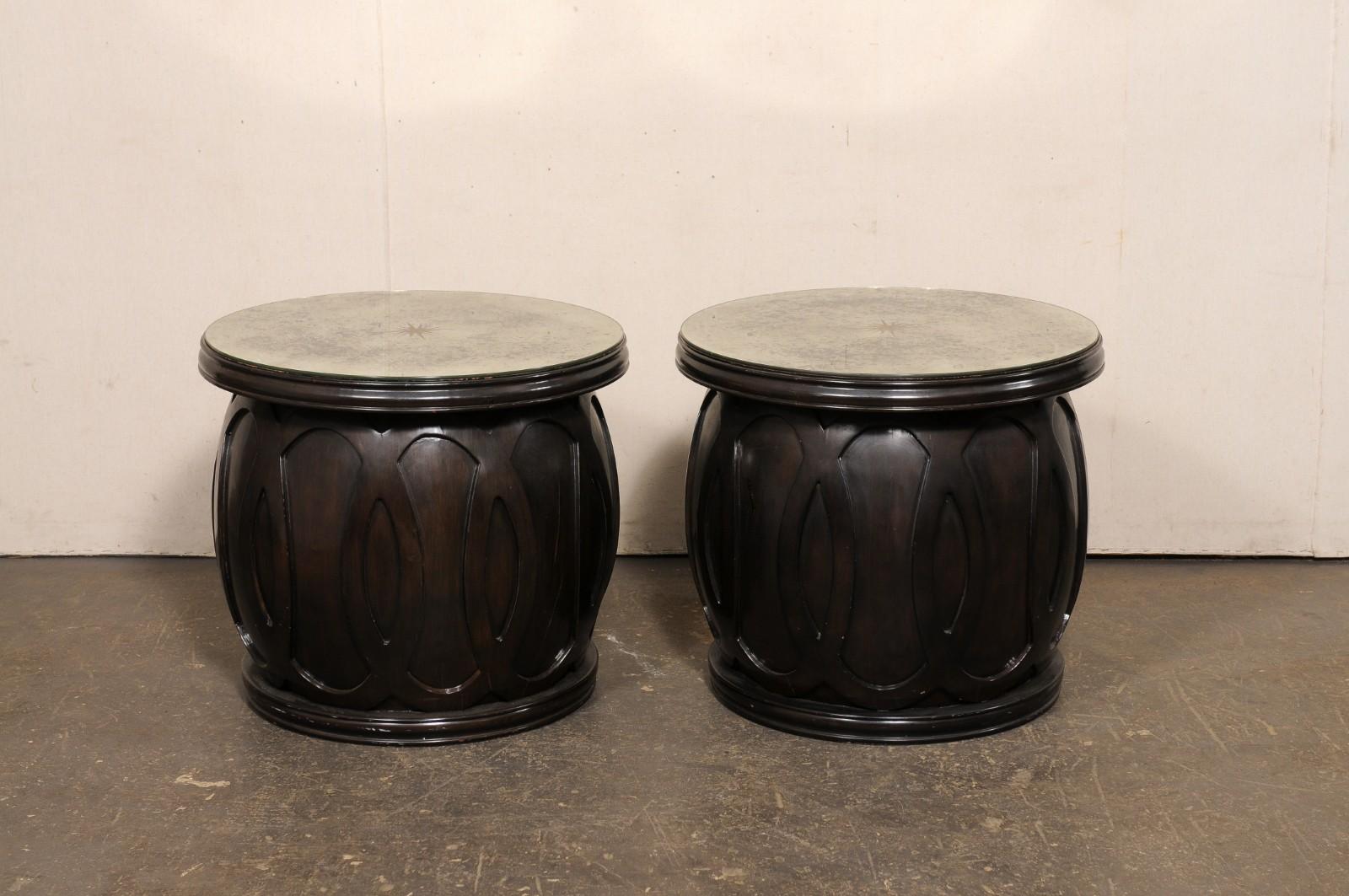Vintage Pair Drum Tables w/Newer Artisan Sun-Burst Mirror Tops For Sale 4
