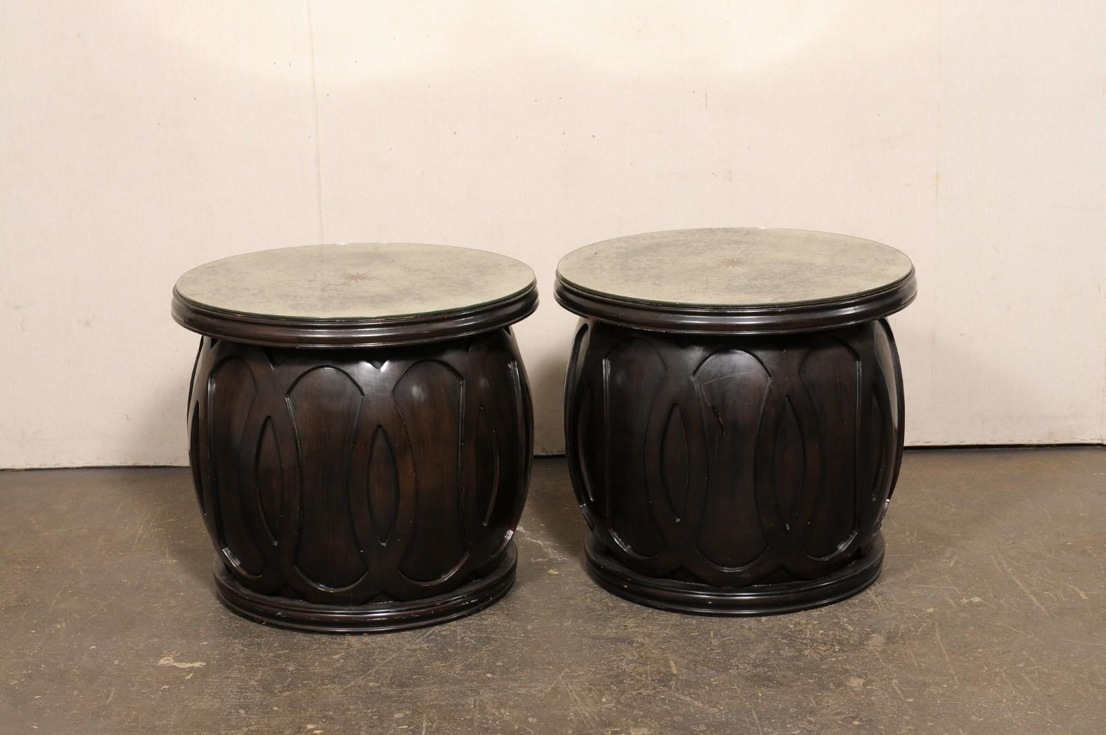 Vintage Pair Drum Tables w/Newer Artisan Sun-Burst Mirror Tops For Sale 5