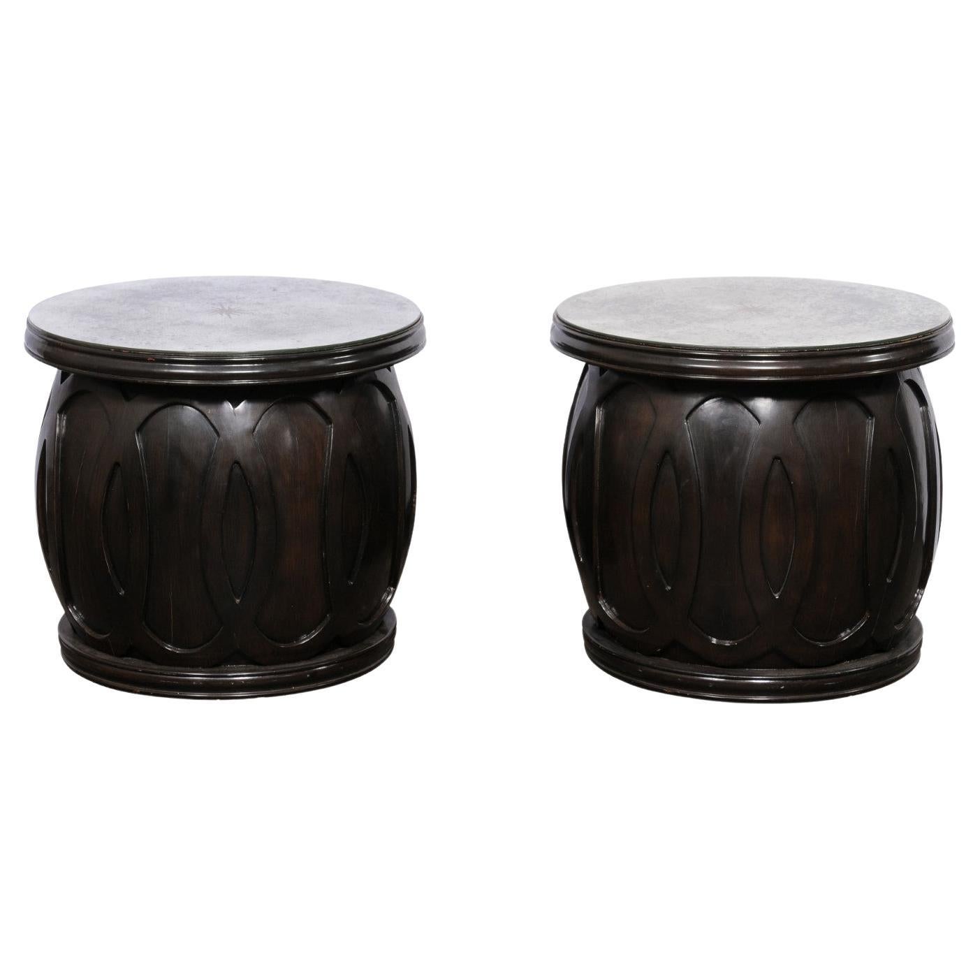 Vintage Pair Drum Tables w/Newer Artisan Sun-Burst Mirror Tops For Sale