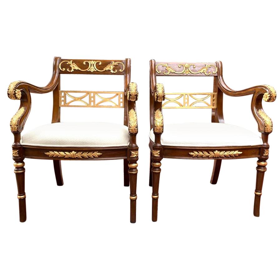 Vintage Pair of Empire Revival Mahogany and Giltwood Armchairs, 20th Century