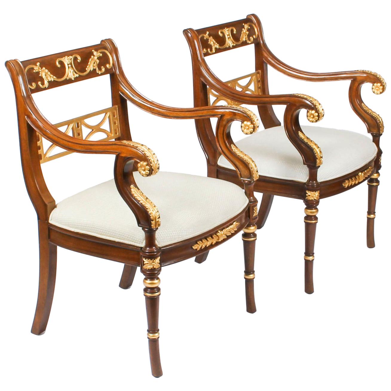 Vintage Pair of Empire Revival Mahogany & Giltwood Armchairs, Late 20th Century