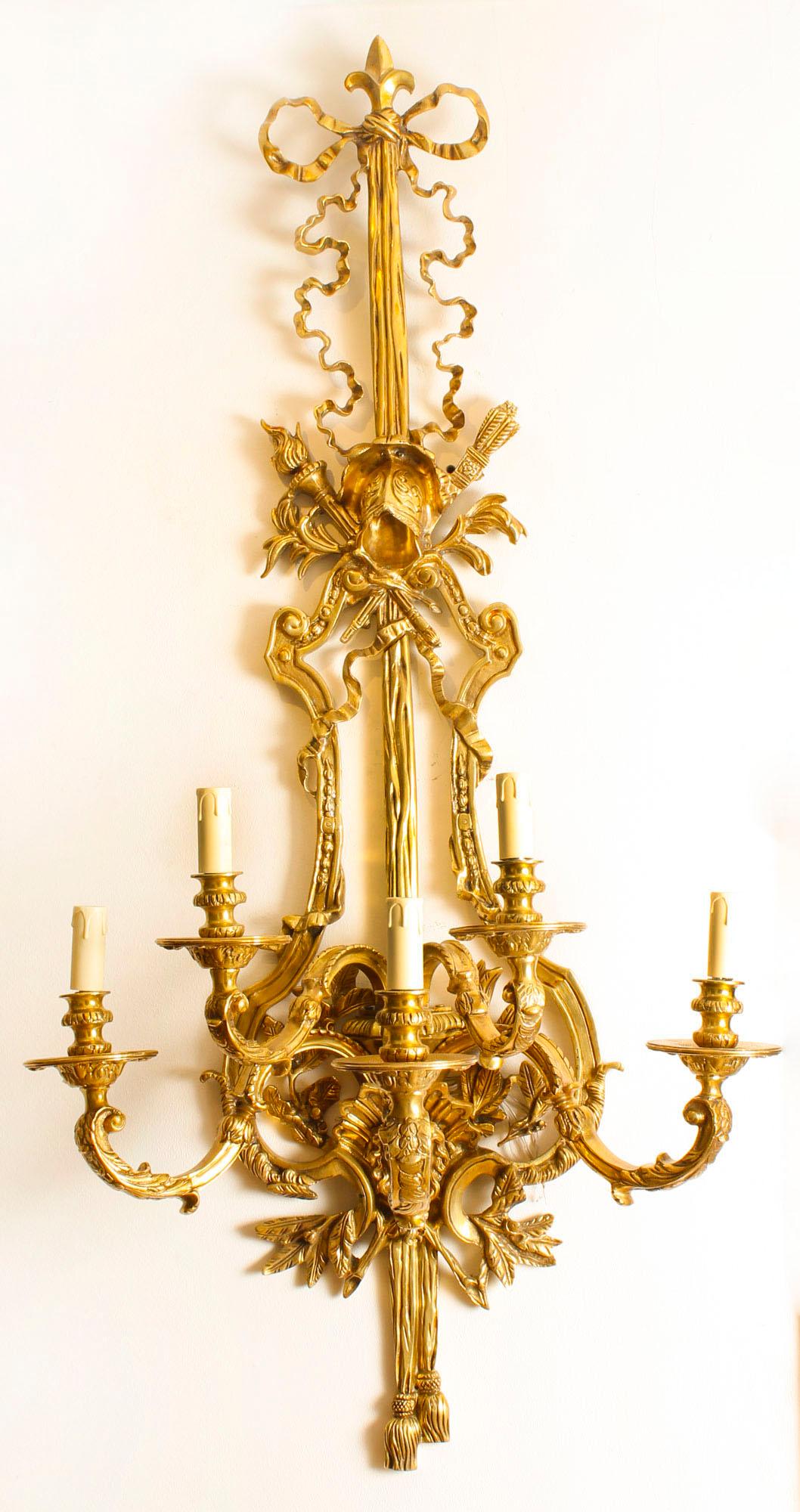 French Vintage Pair of Empire Revival Ormolu Wall Lights, 20th Century