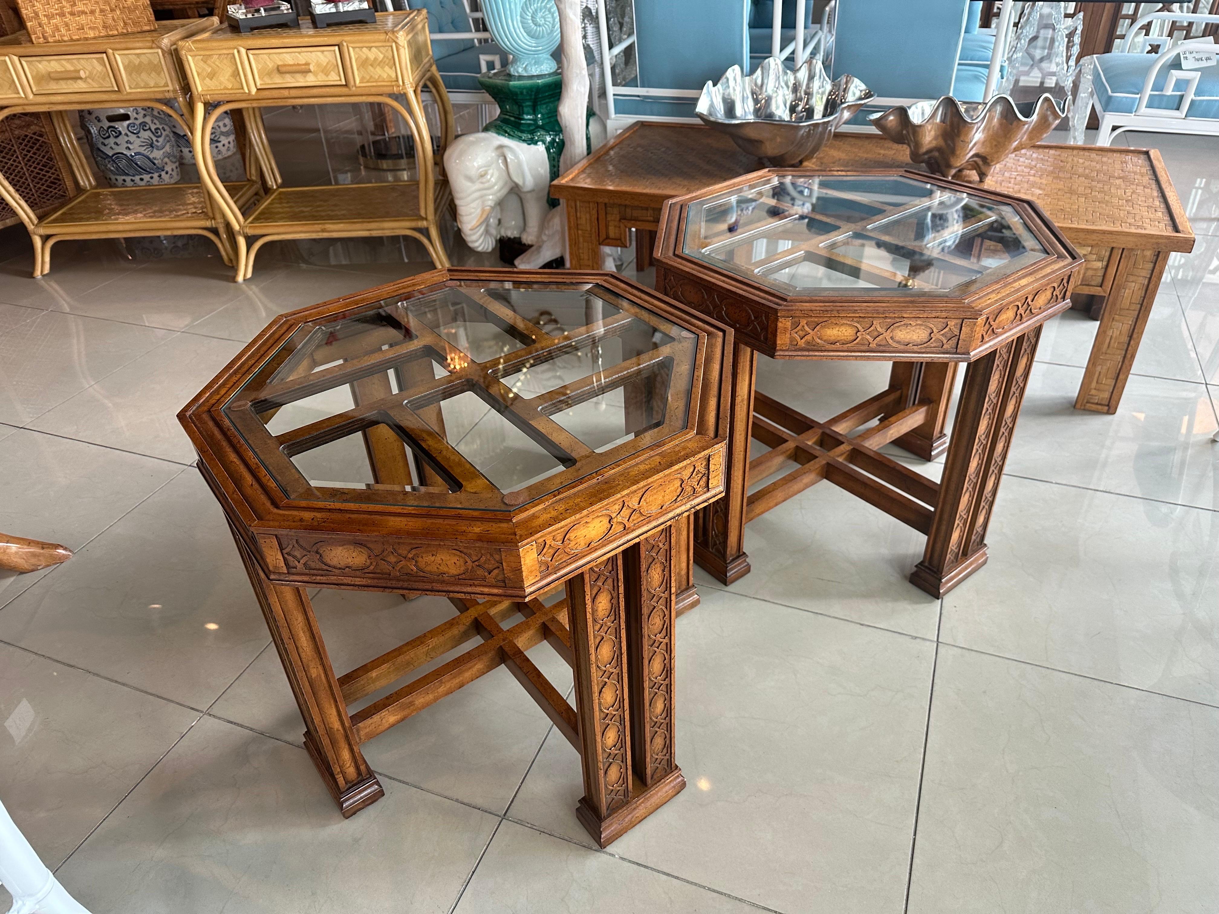 Vintage Pair End Side Tables Fret Work Fretwork Chinese Chippendale Wood Octagon For Sale 1