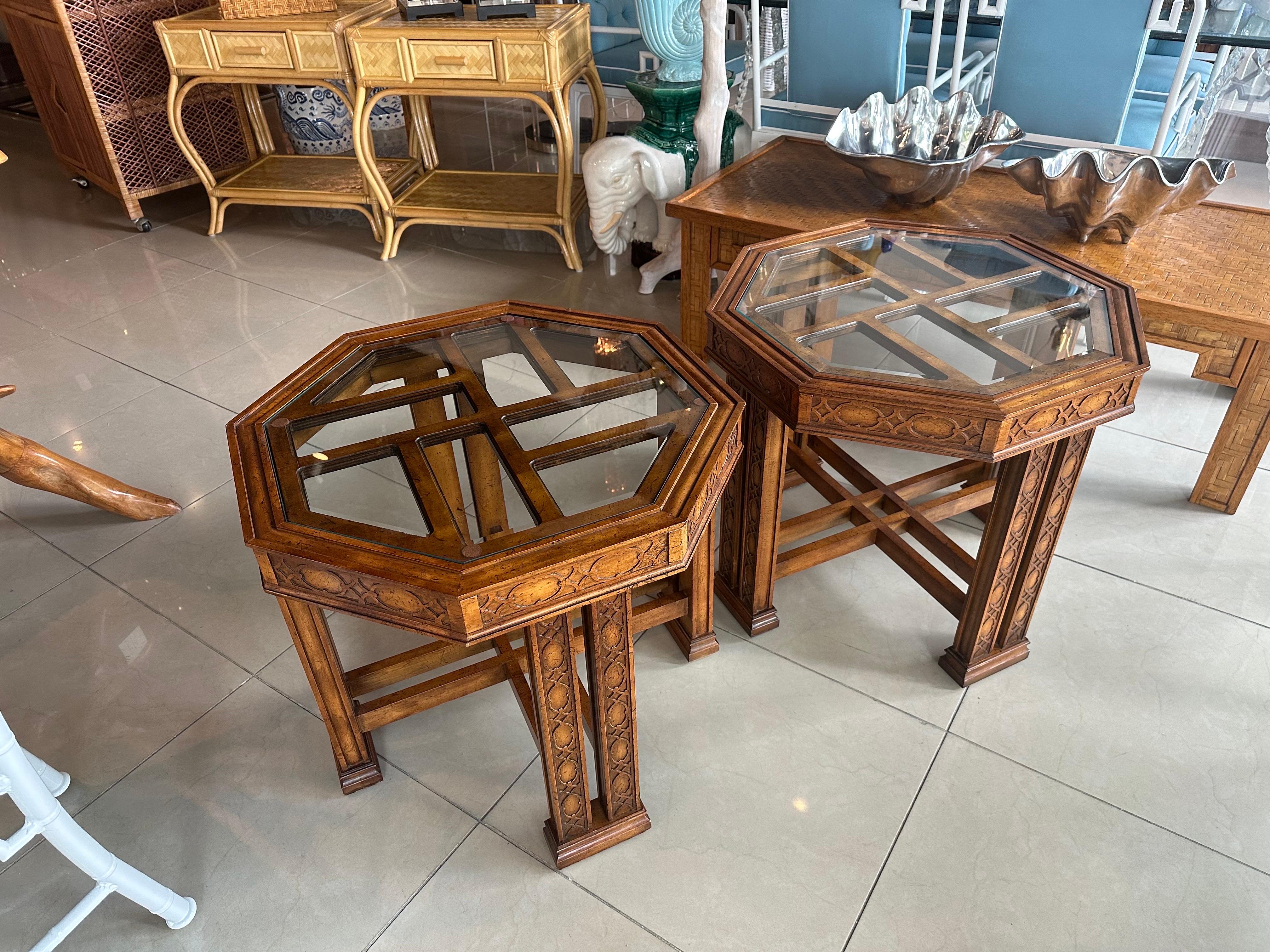 Vintage Pair End Side Tables Fret Work Fretwork Chinese Chippendale Wood Octagon For Sale 2
