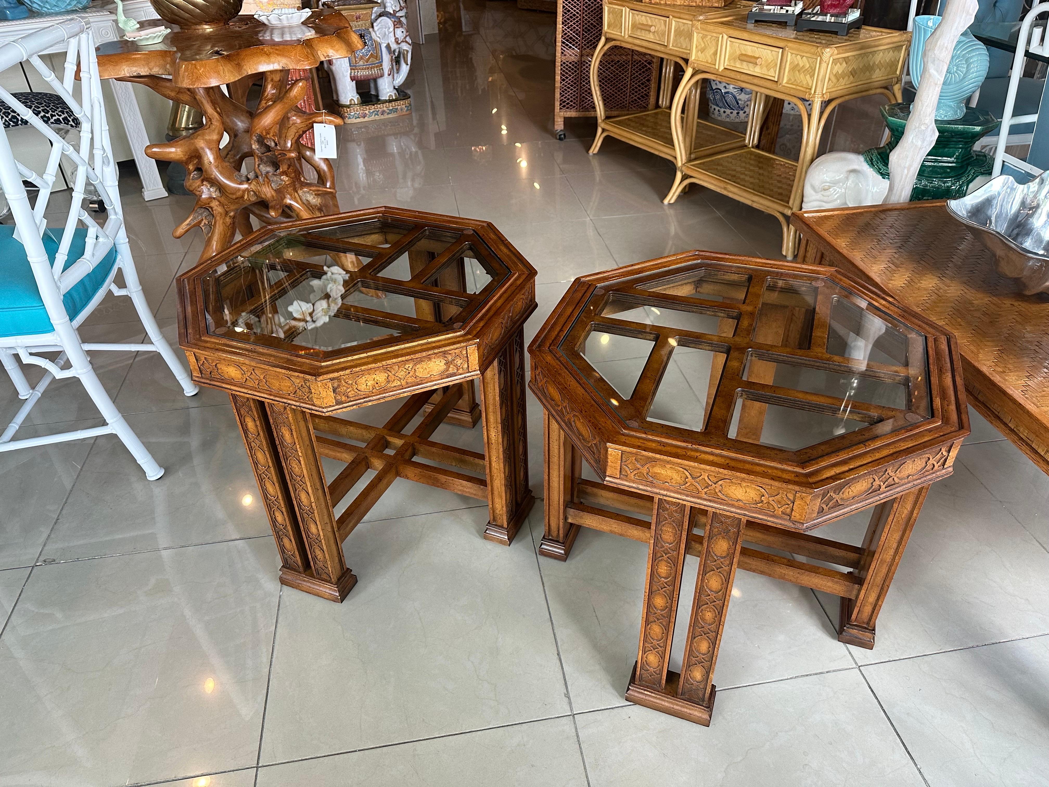 Vintage Pair End Side Tables Fret Work Fretwork Chinese Chippendale Wood Octagon For Sale 3