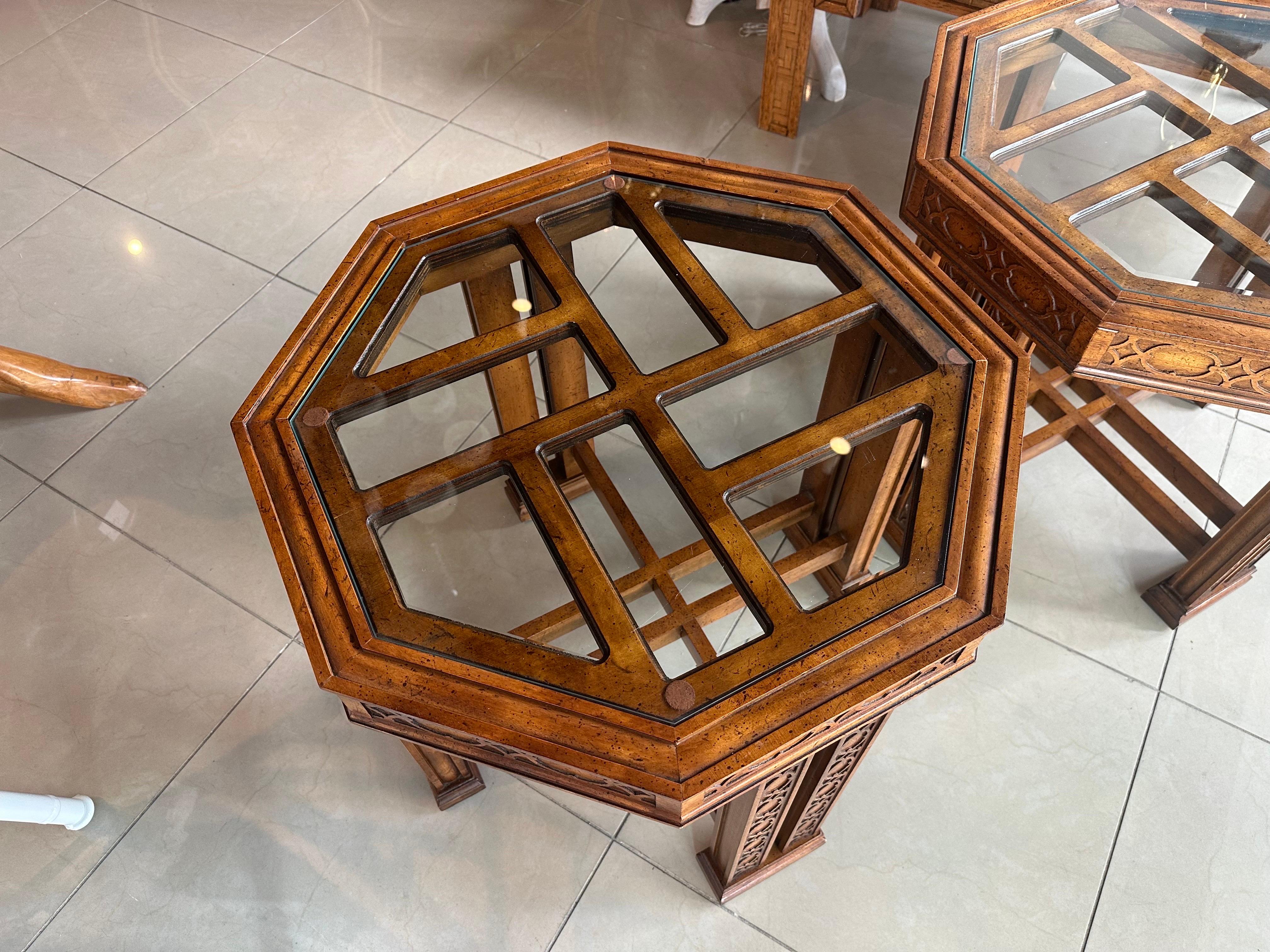 Vintage Pair End Side Tables Fret Work Fretwork Chinese Chippendale Wood Octagon For Sale 4