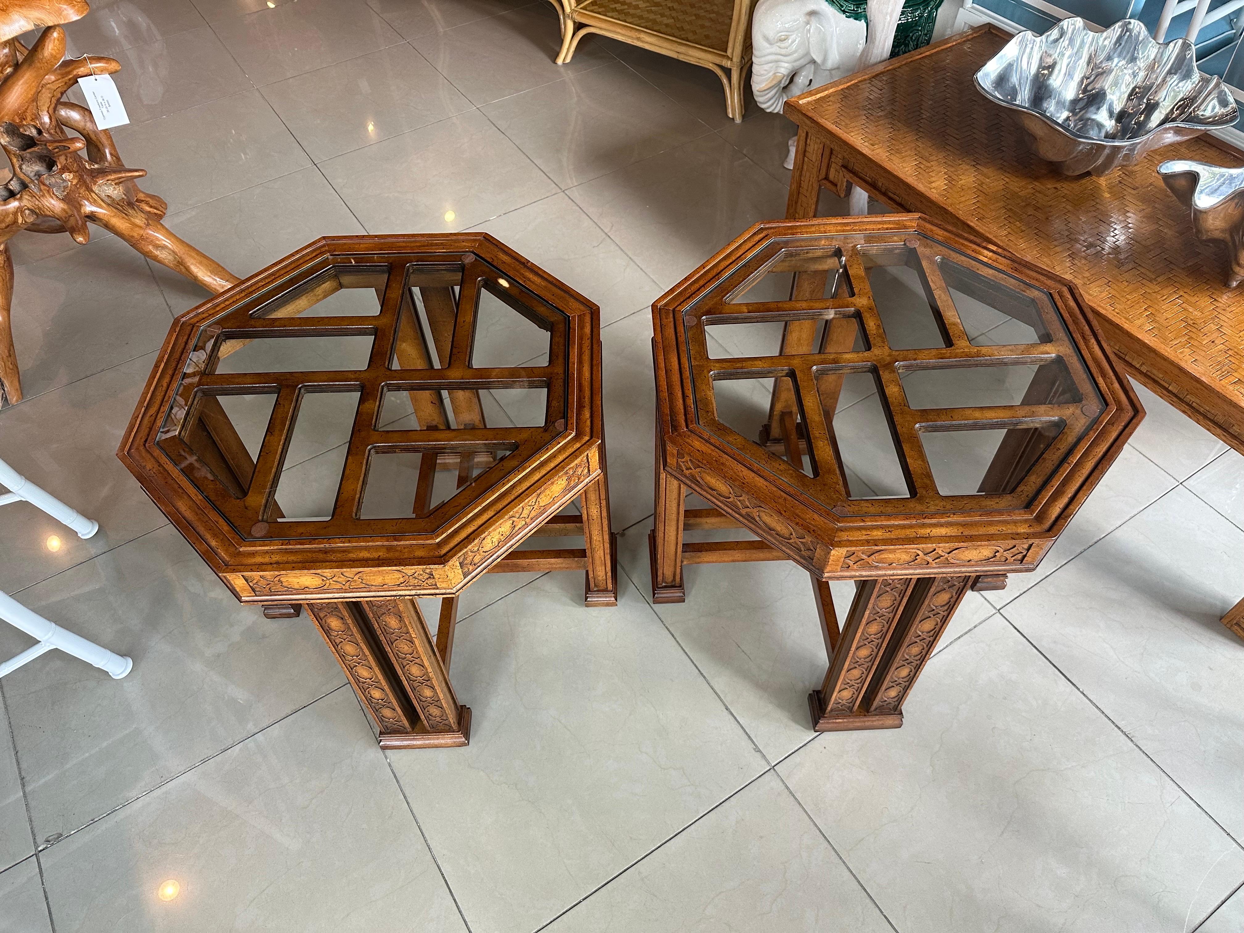 American Vintage Pair End Side Tables Fret Work Fretwork Chinese Chippendale Wood Octagon For Sale